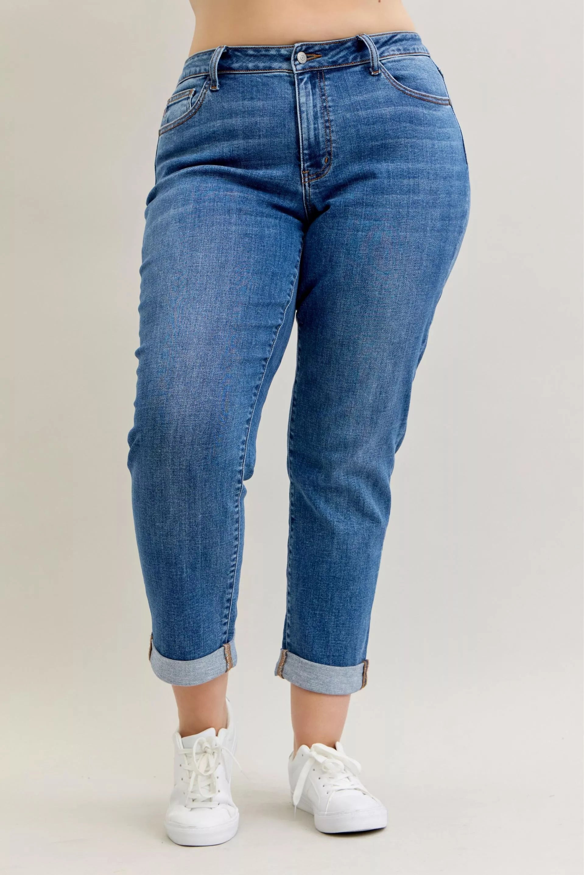 Judy Blue Full Size Mid Rise BF Classic Cuffed Jeans Plus Size - Be Bliss Boutique