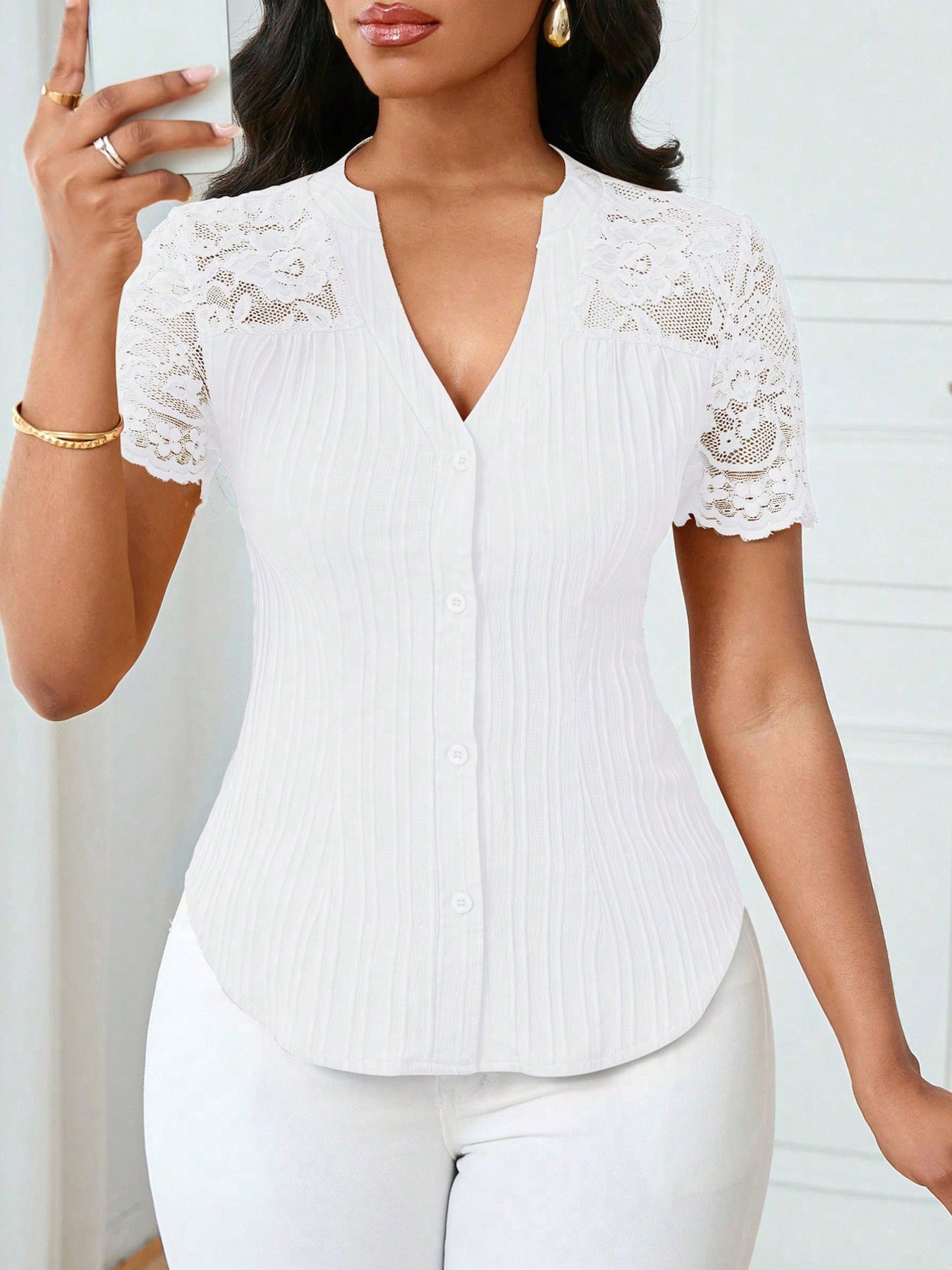 Button Up Lace Sleeve Blouse - Be Bliss Boutique