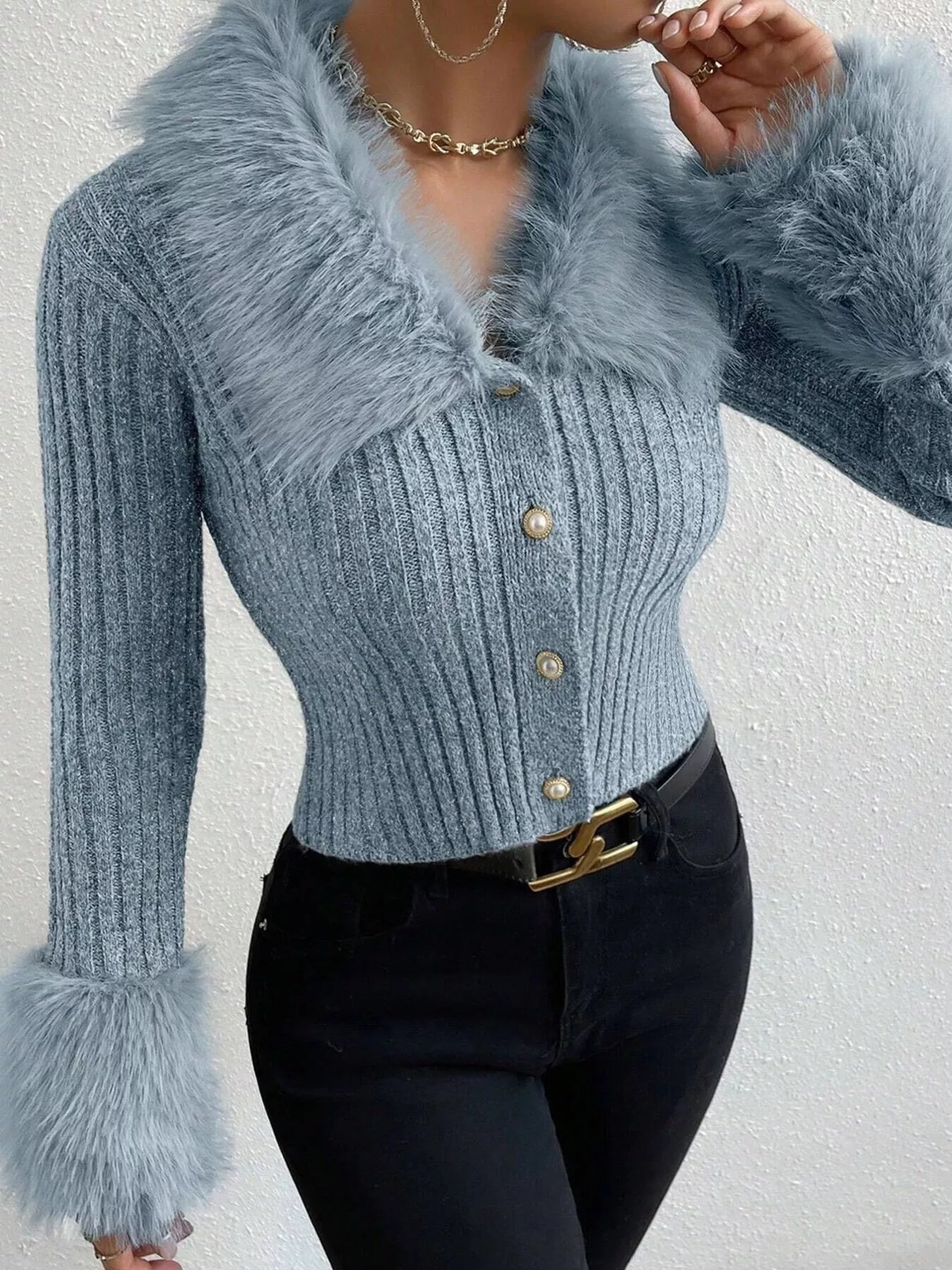 Faux Fur Trim Ribbed Knit Cropped Cardigan - Be Bliss Boutique