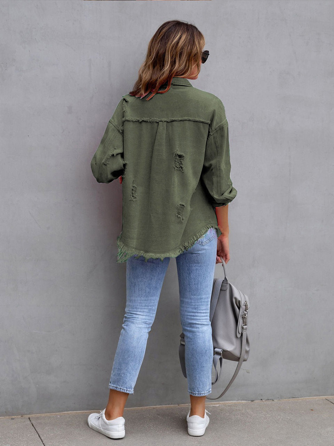 Distressed Drop Shoulder Denim Jacket - Be Bliss Boutique