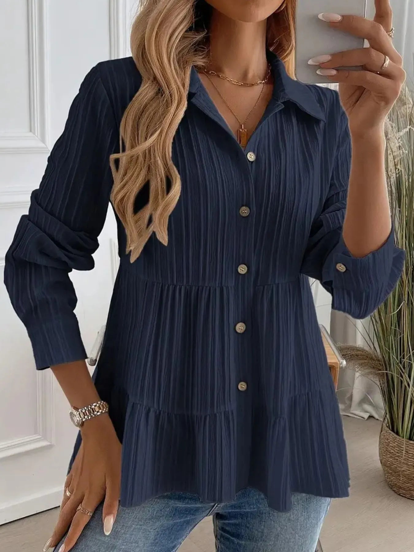 Striped Button-Down Tiered Shirt -  Be Bliss Boutique