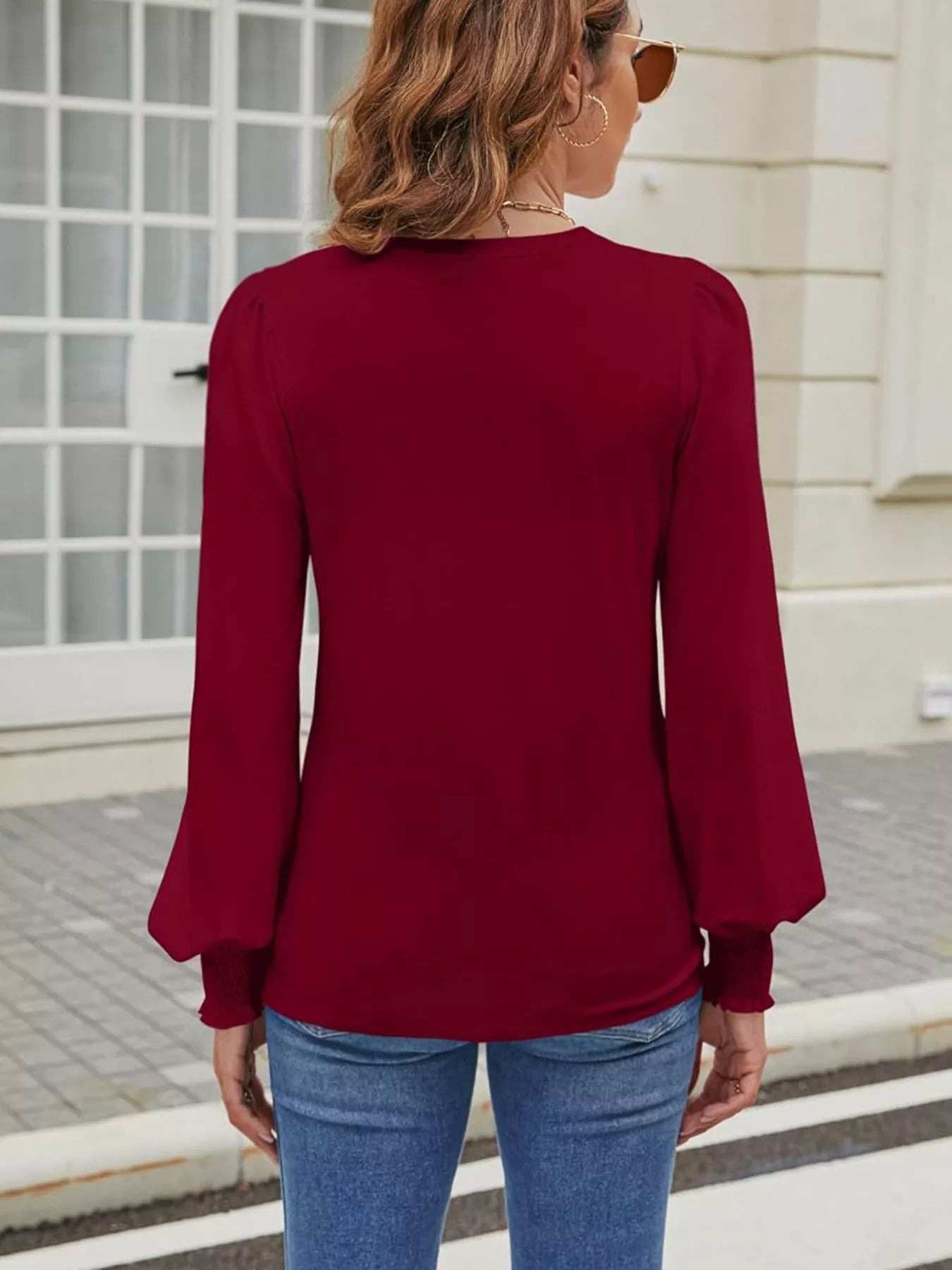 Long Sleeve Keyhole Neck Blouse - Be Bliss Boutique