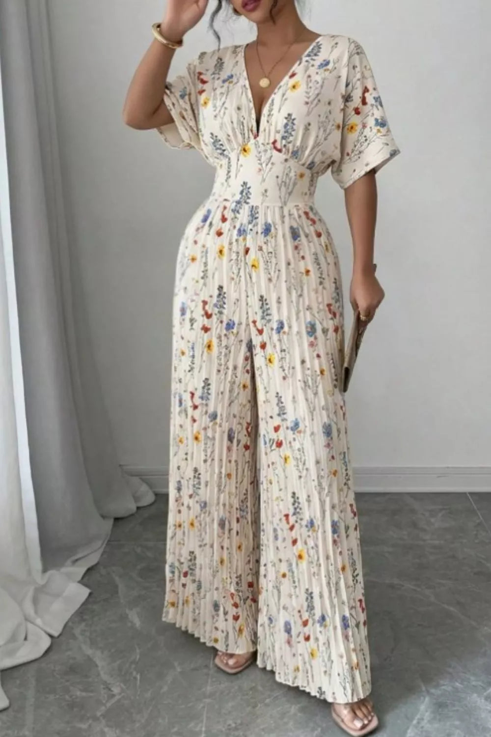 Floral Print Pleated Wide Leg Jumpsuit - Be Bliss Boutique