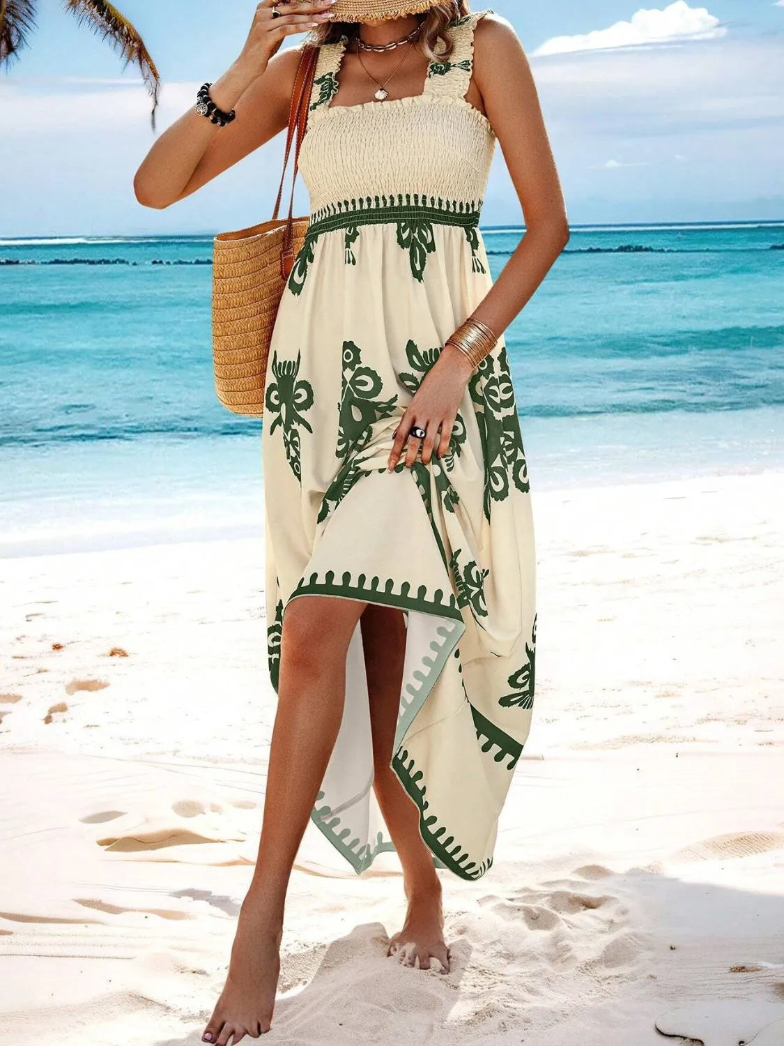 Smocked Printed Wide Strap Maxi Dress - Be Bliss Boutique