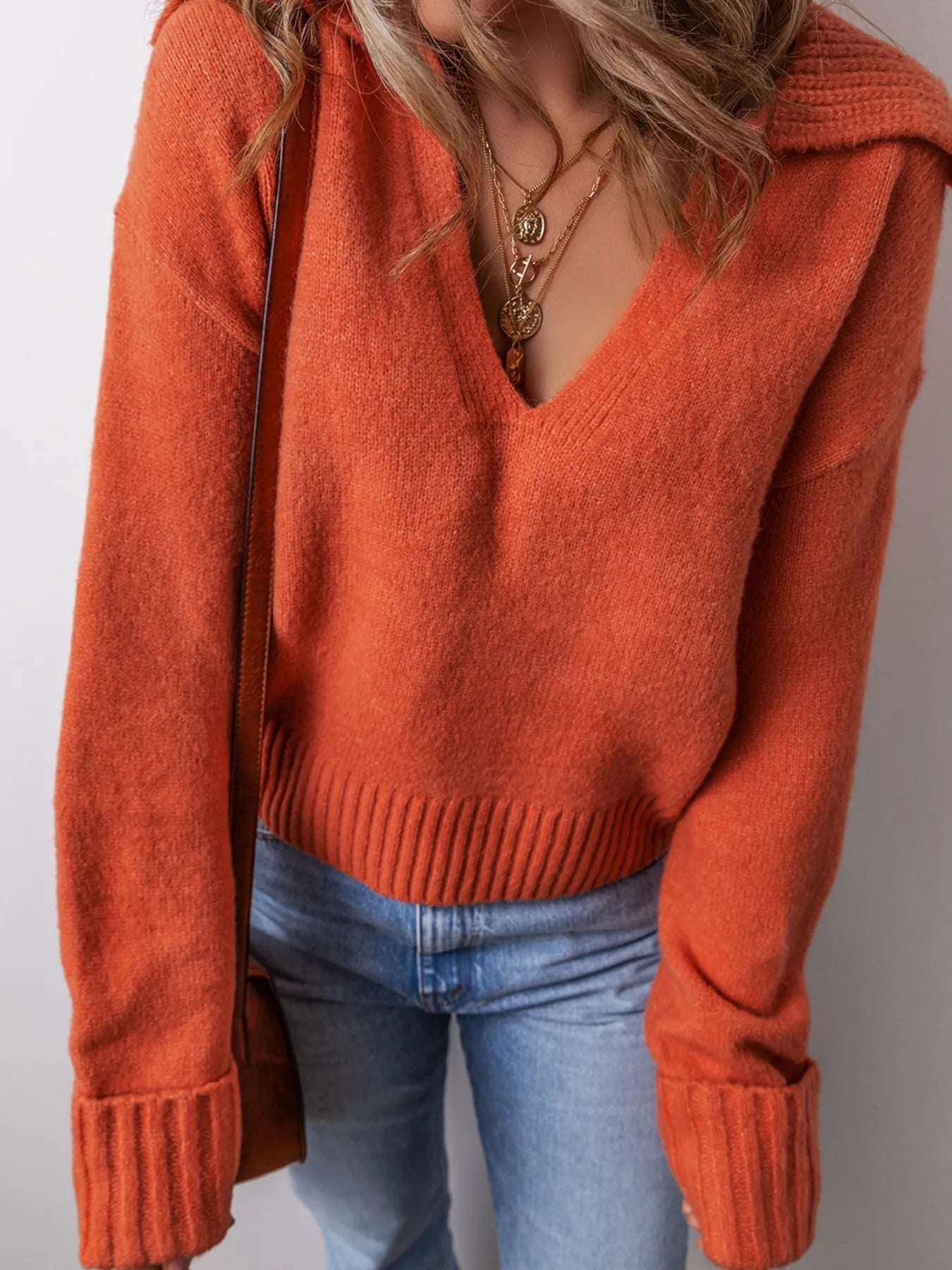 Collared V Neck Ribbed Edge Sweater -  Be Bliss Boutique