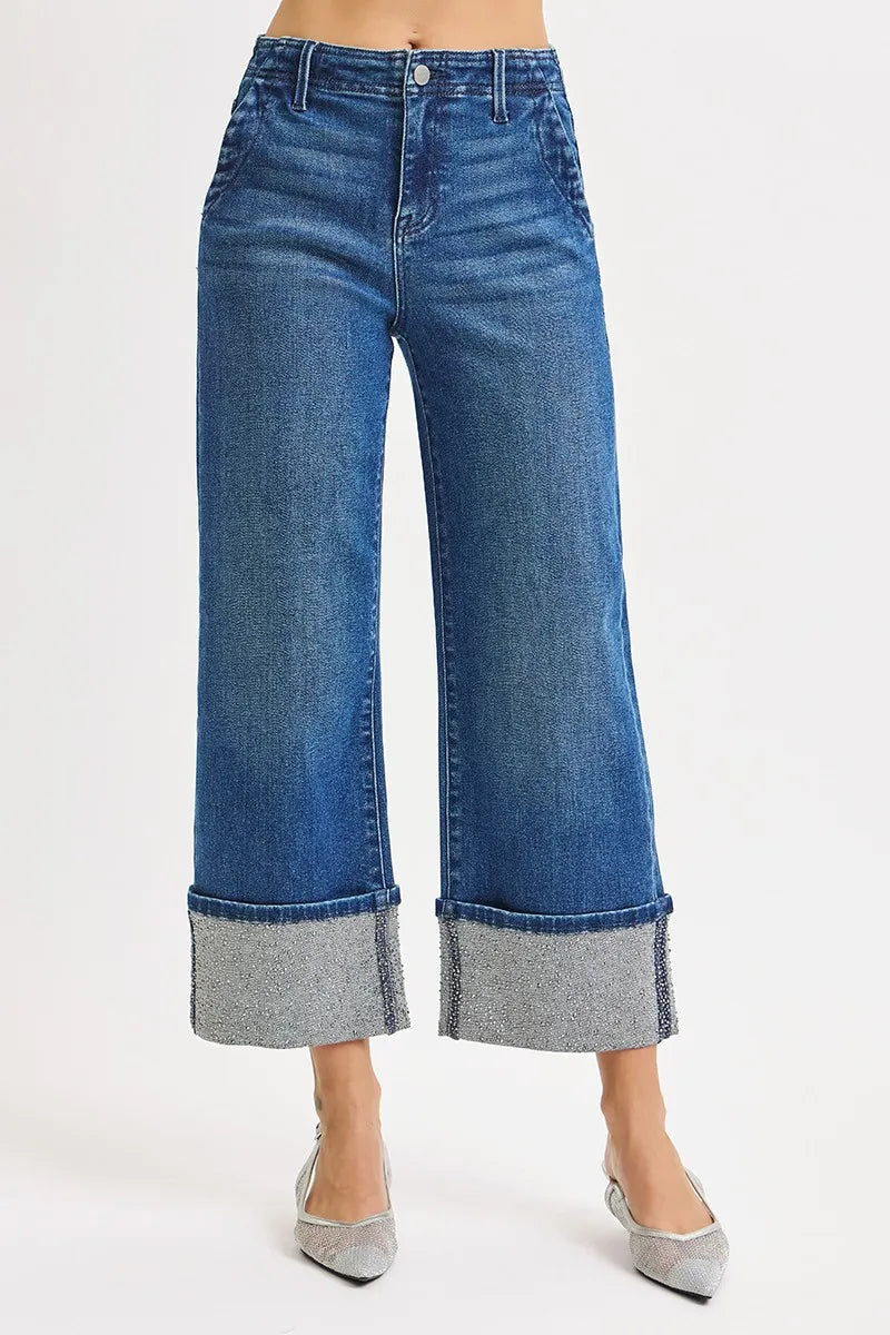 RISEN Jeans - High Rise Wide Leg Rhinestone Cuffed Jeans -  Be Bliss Boutique