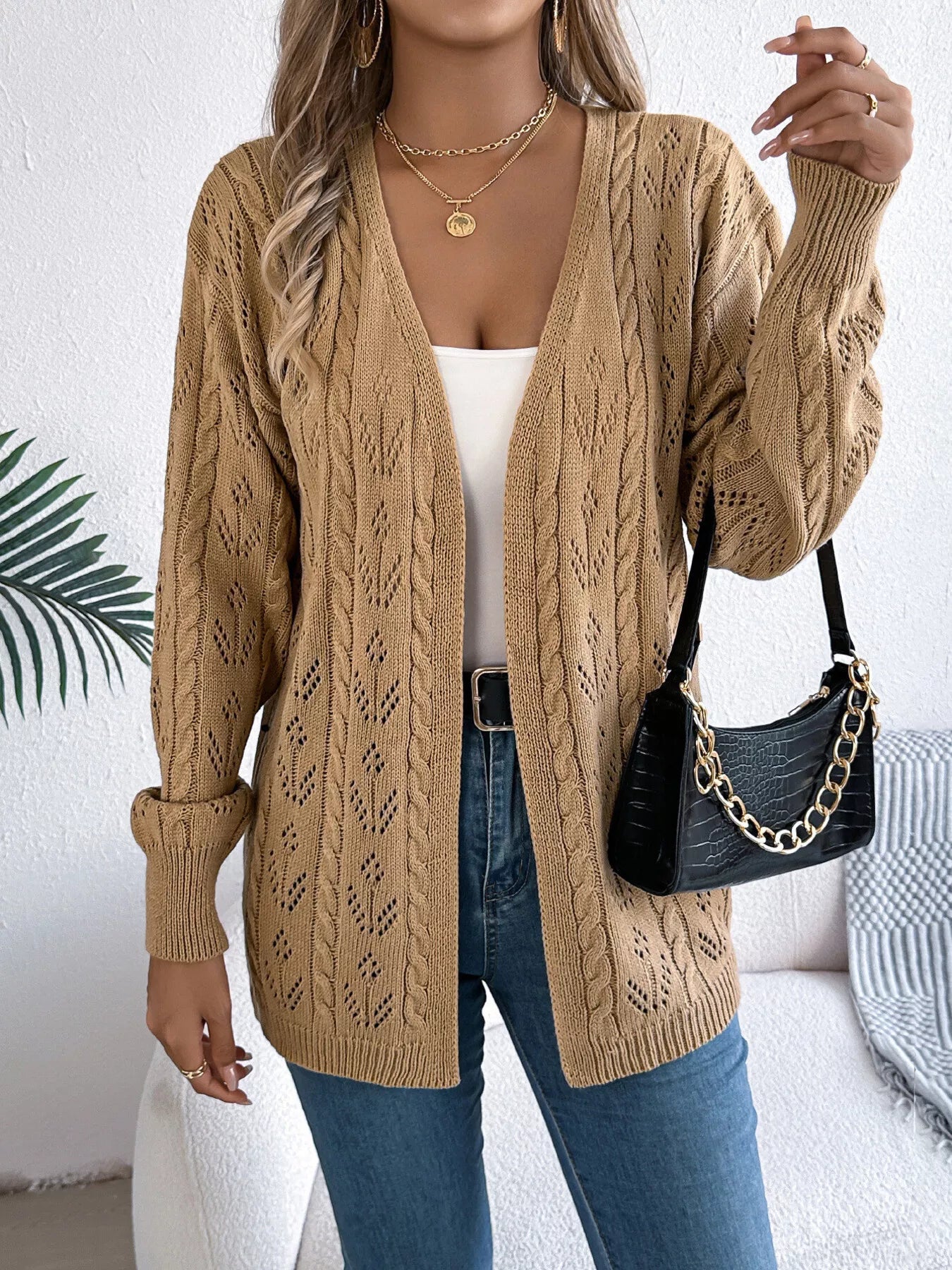 Openwork Open Front Long Sleeve Cardigan - Be Bliss Boutique