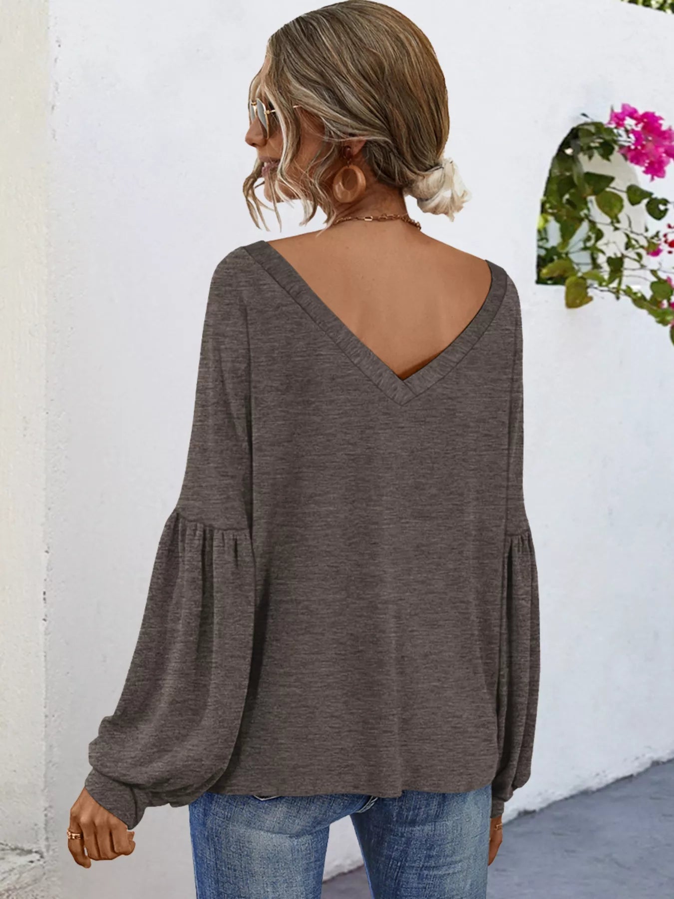 Oversized V-Neck Long Sleeve Blouse - Be Bliss Boutique