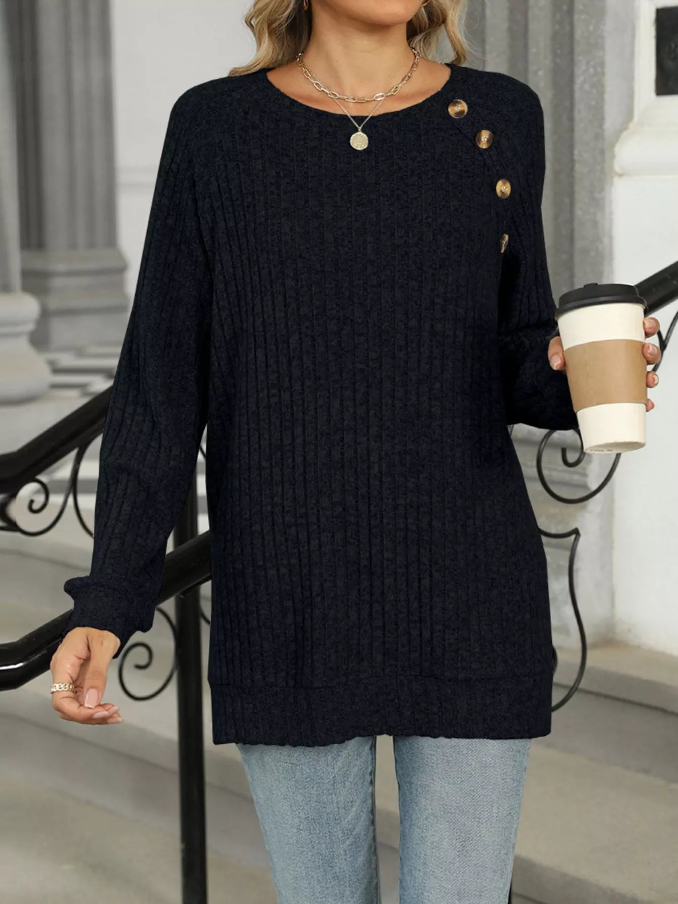 Cozy Chic Ribbed Button Detail Long Sleeve Tunic -  Be Bliss Boutique