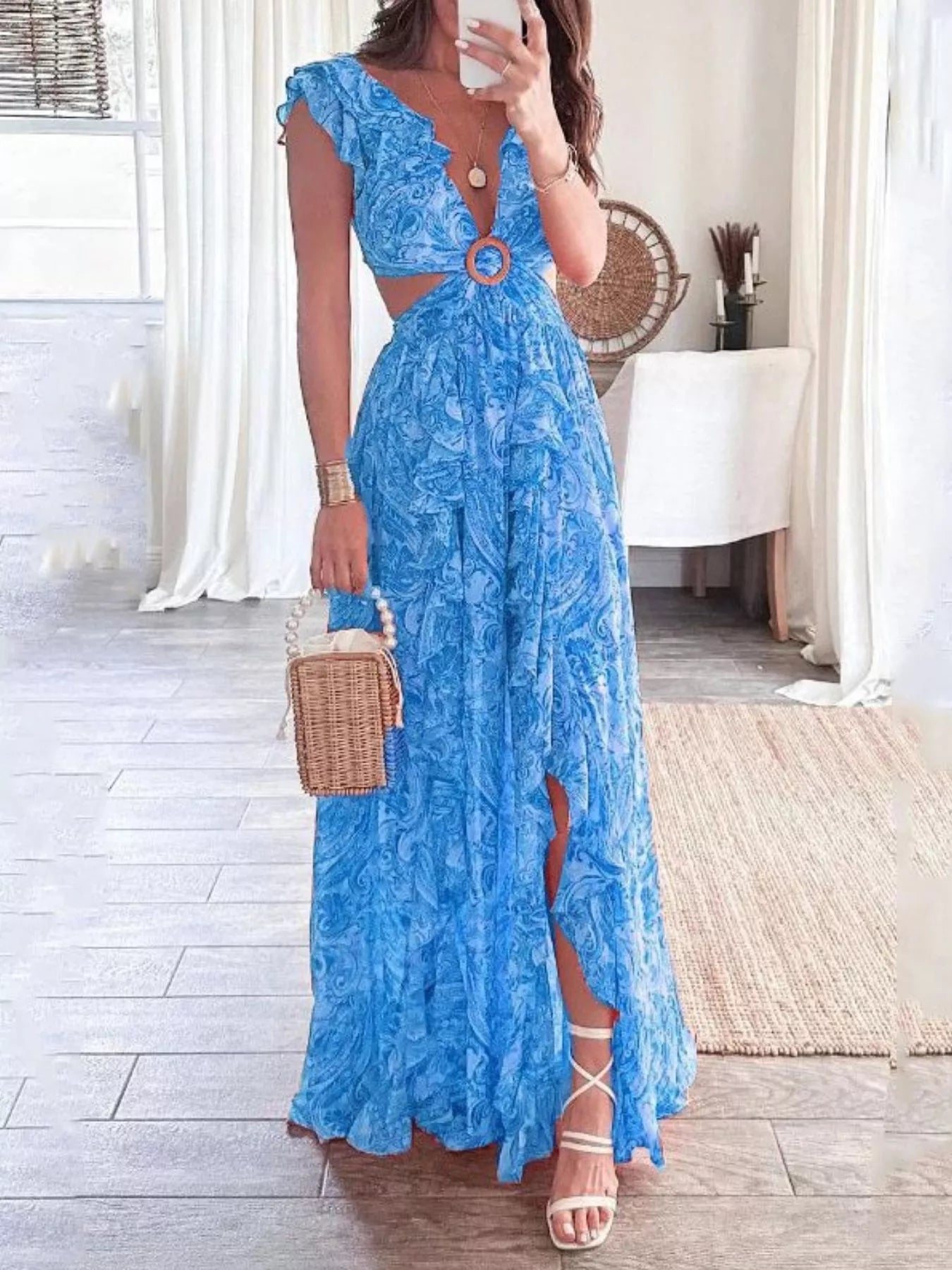 Full Size Ruffled Cutout V Neck Maxi Dress - Be Bliss Boutique