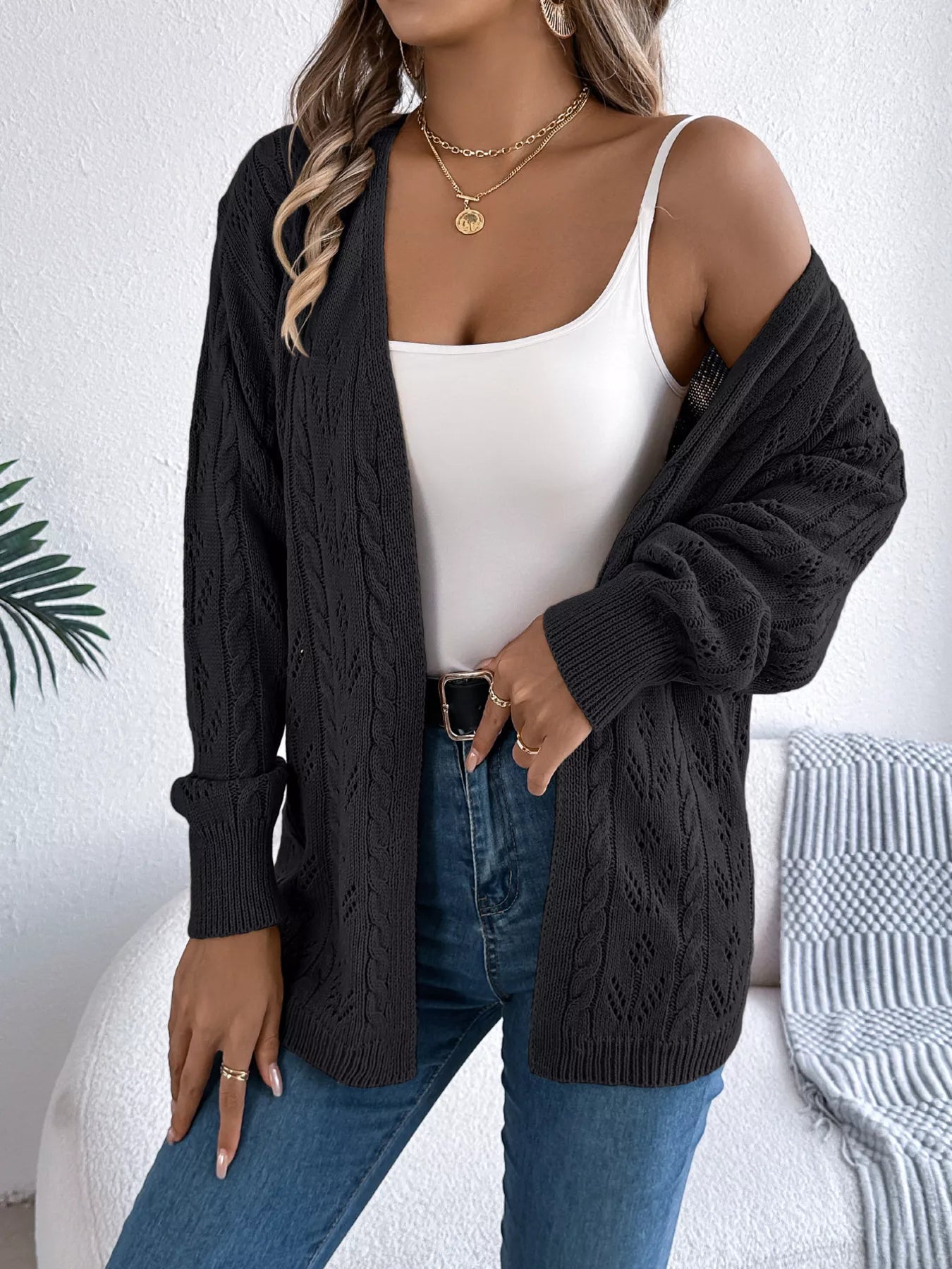 Openwork Open Front Long Sleeve Cardigan - Be Bliss Boutique