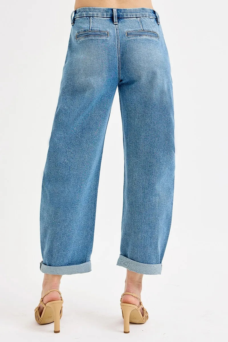 RISEN Full Size Mid Rise Fit Barrel Roll Up Jeans Plus Size -  Be Bliss Boutique