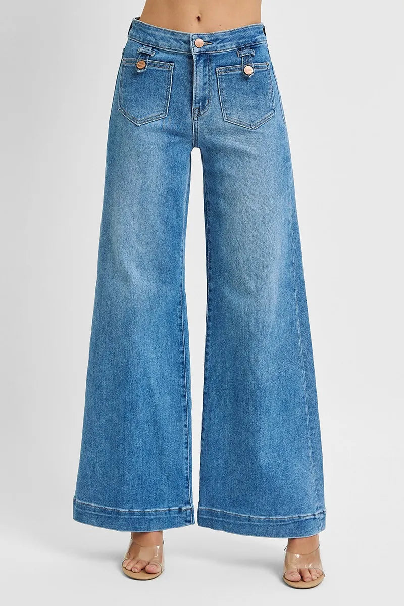 RISEN Full Size Mid Rise Wide Front Patch Pocket Jeans Plus Size -  Be Bliss Boutique