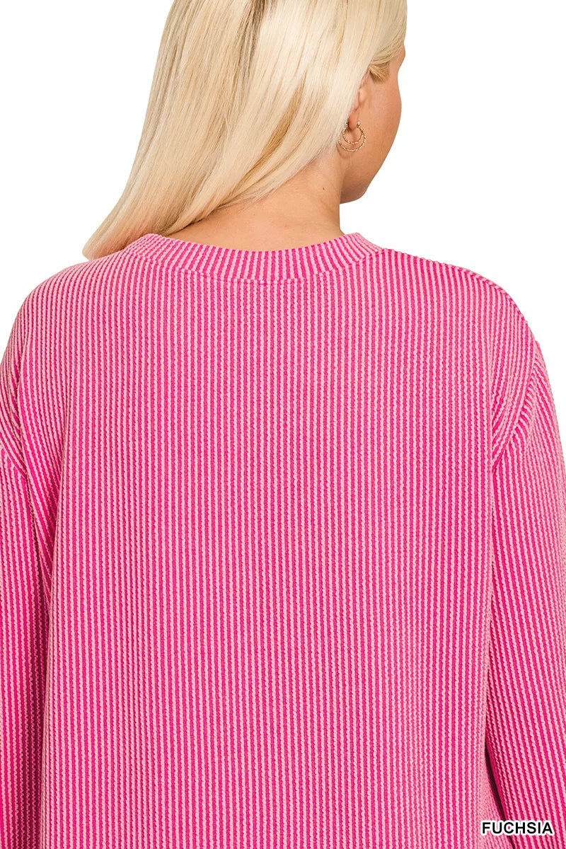 Zenana Full Size Raised Rib Round Neck Long Sleeve Top Plus Size - Be Bliss Boutique
