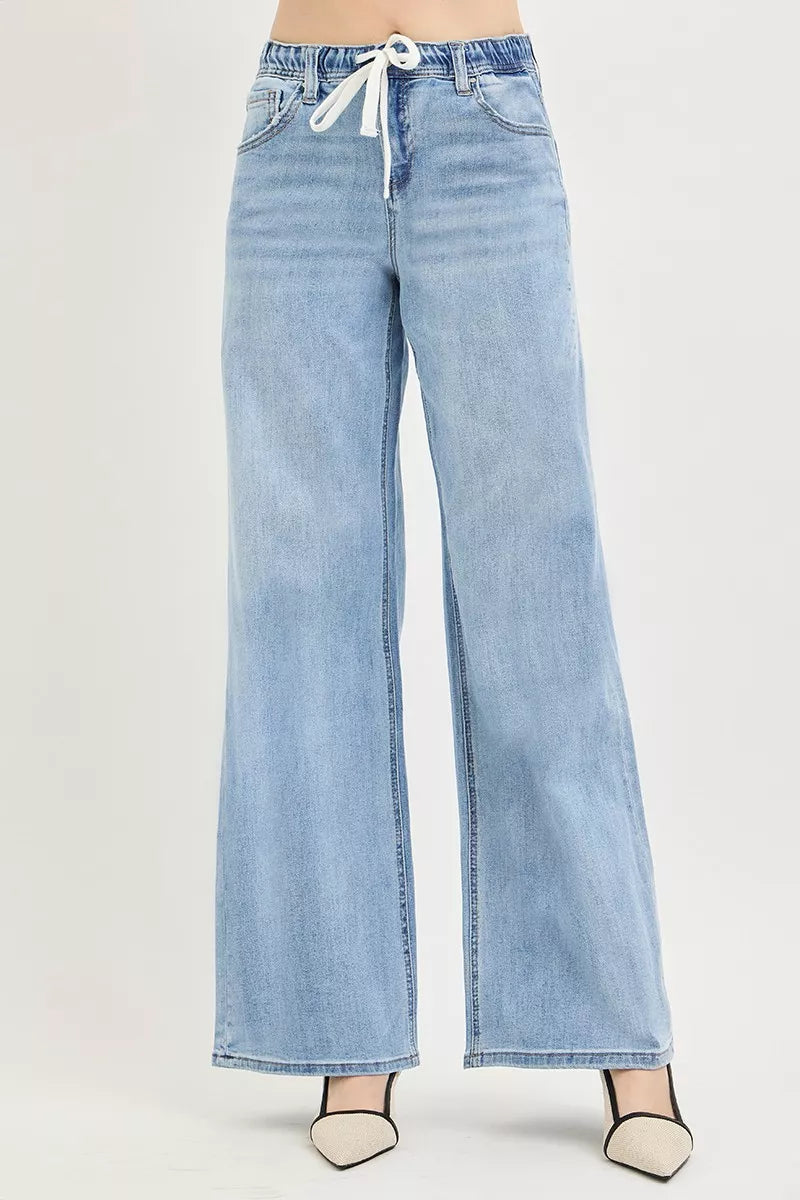 RISEN Elastic Band Slouchy Wide Leg Jeans with Drawstring - Be Bliss Boutique