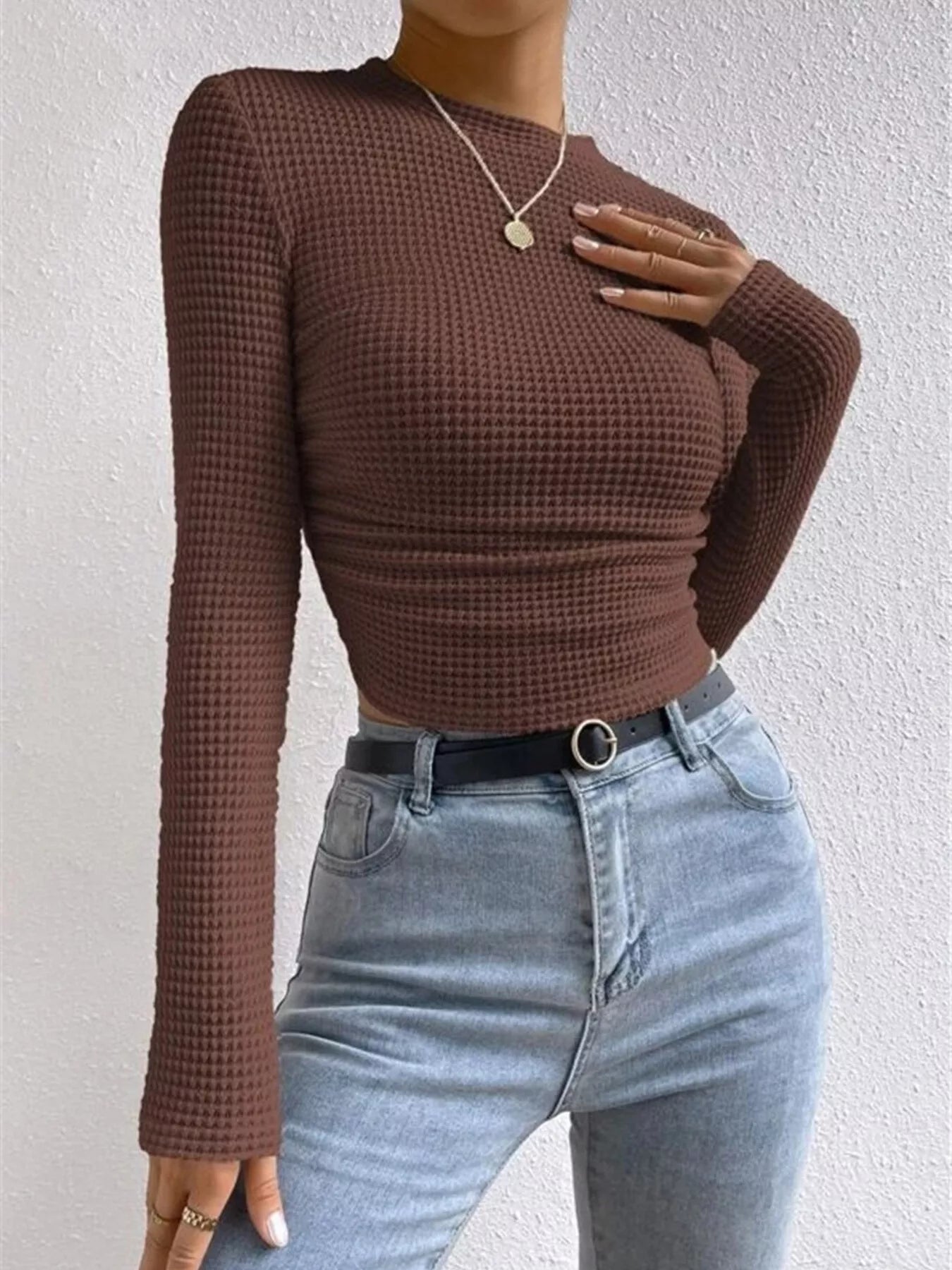 Waffle Knit Long Sleeve T-Shirt - Be Bliss Boutique
