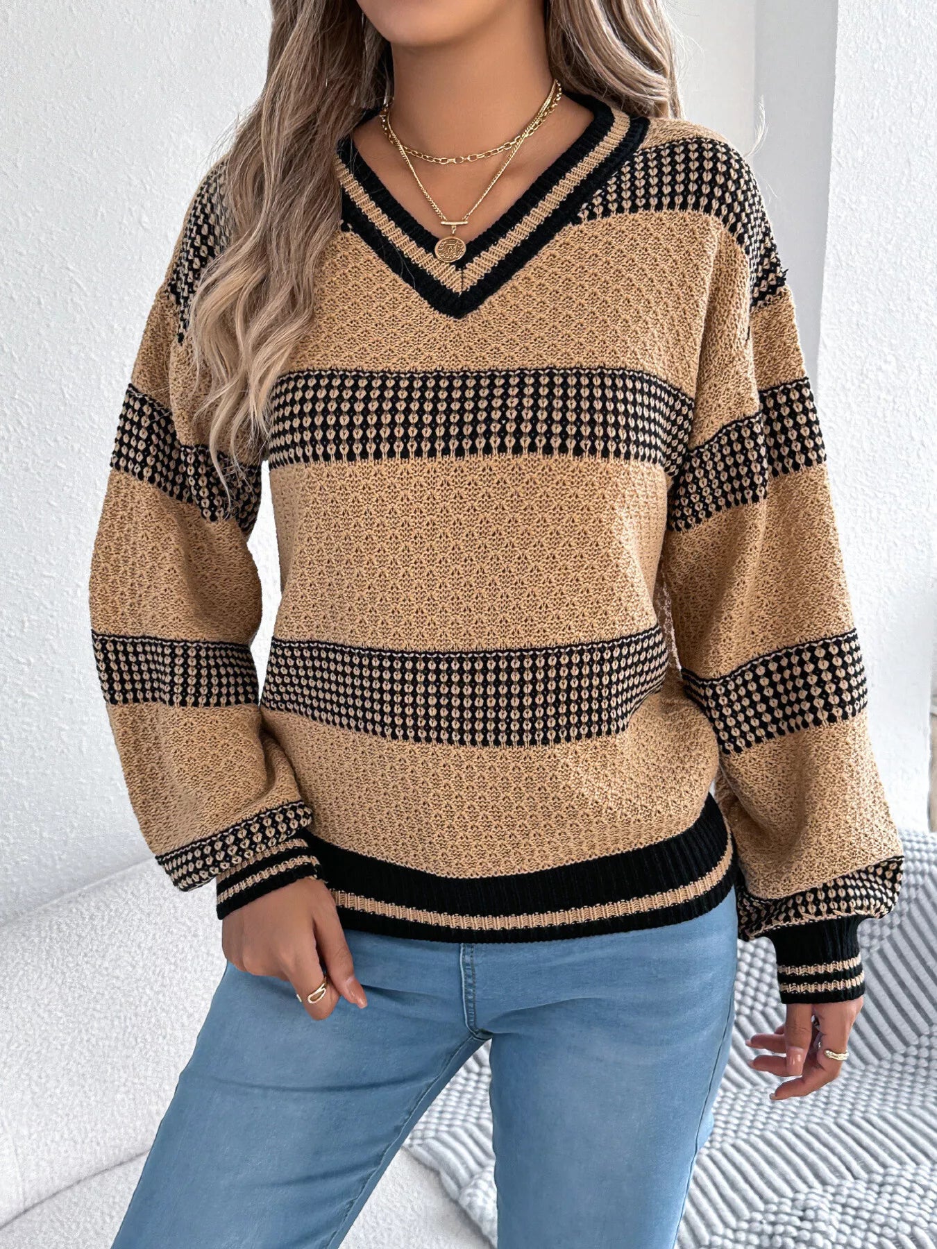 Contrast Striped V-Neck Sweater - Be Bliss Boutique