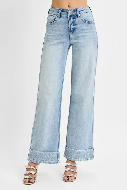 RISEN Full Size Tummy Control High Rise Ankle Wide Cuffed Jeans Plus Size -  Be Bliss Boutique