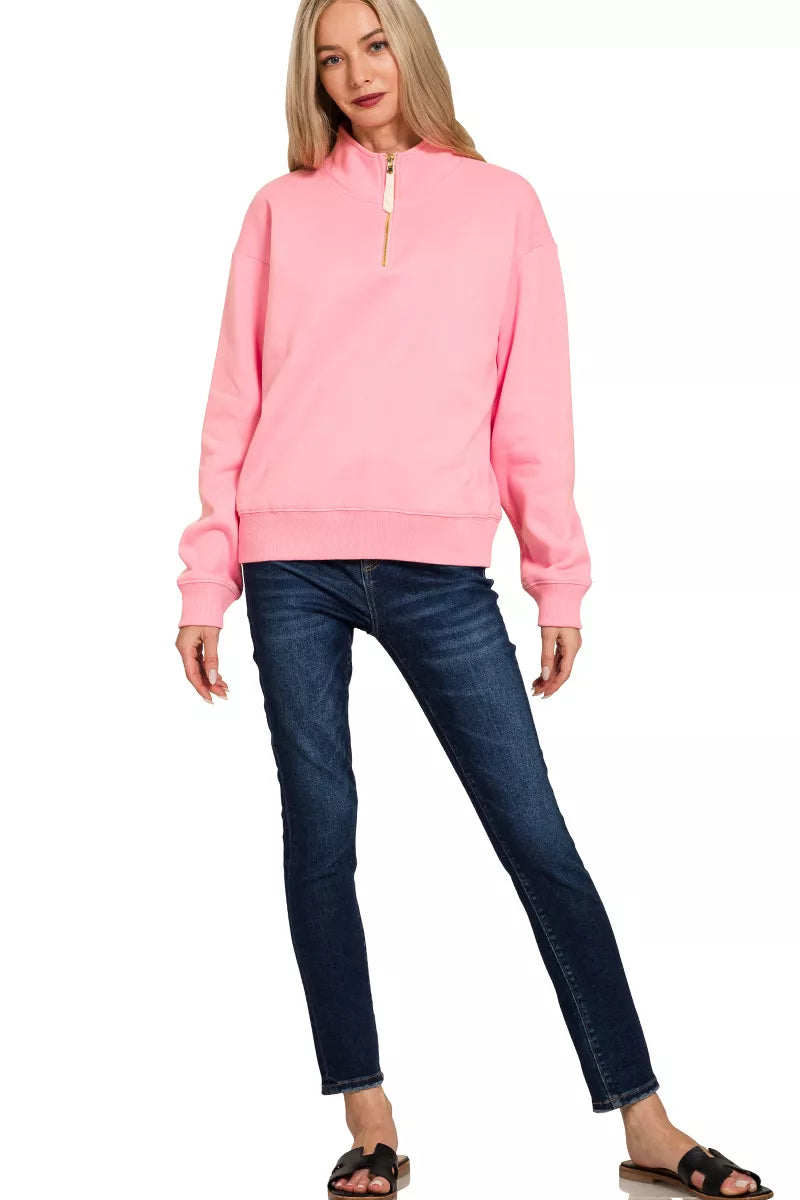 Zenana Fleece Half Zip Sweatshirt -  Be Bliss Boutique
