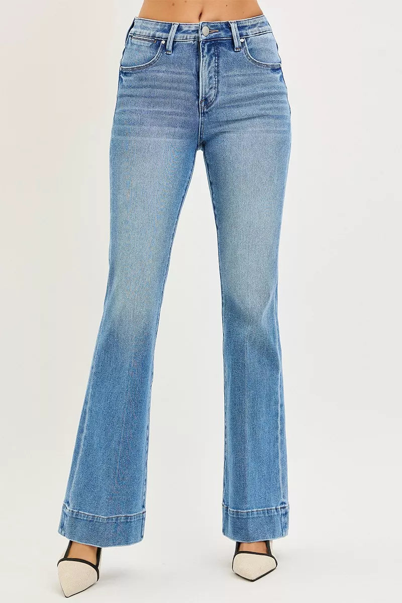 RISEN Jeans - Tummy Control 4 Way Stretch Mid Rise Flare Jeans - Be Bliss Boutique