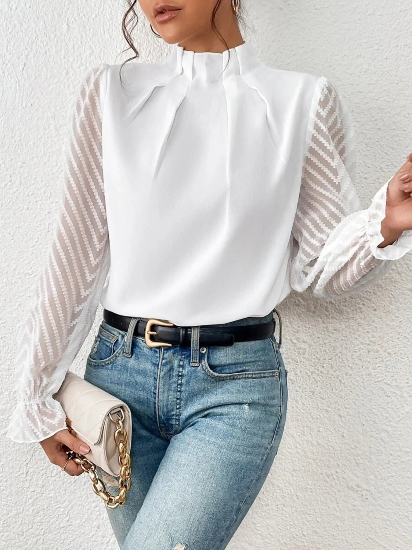 Mock Neck Flounce Sleeve Blouse -  Be Bliss Boutique