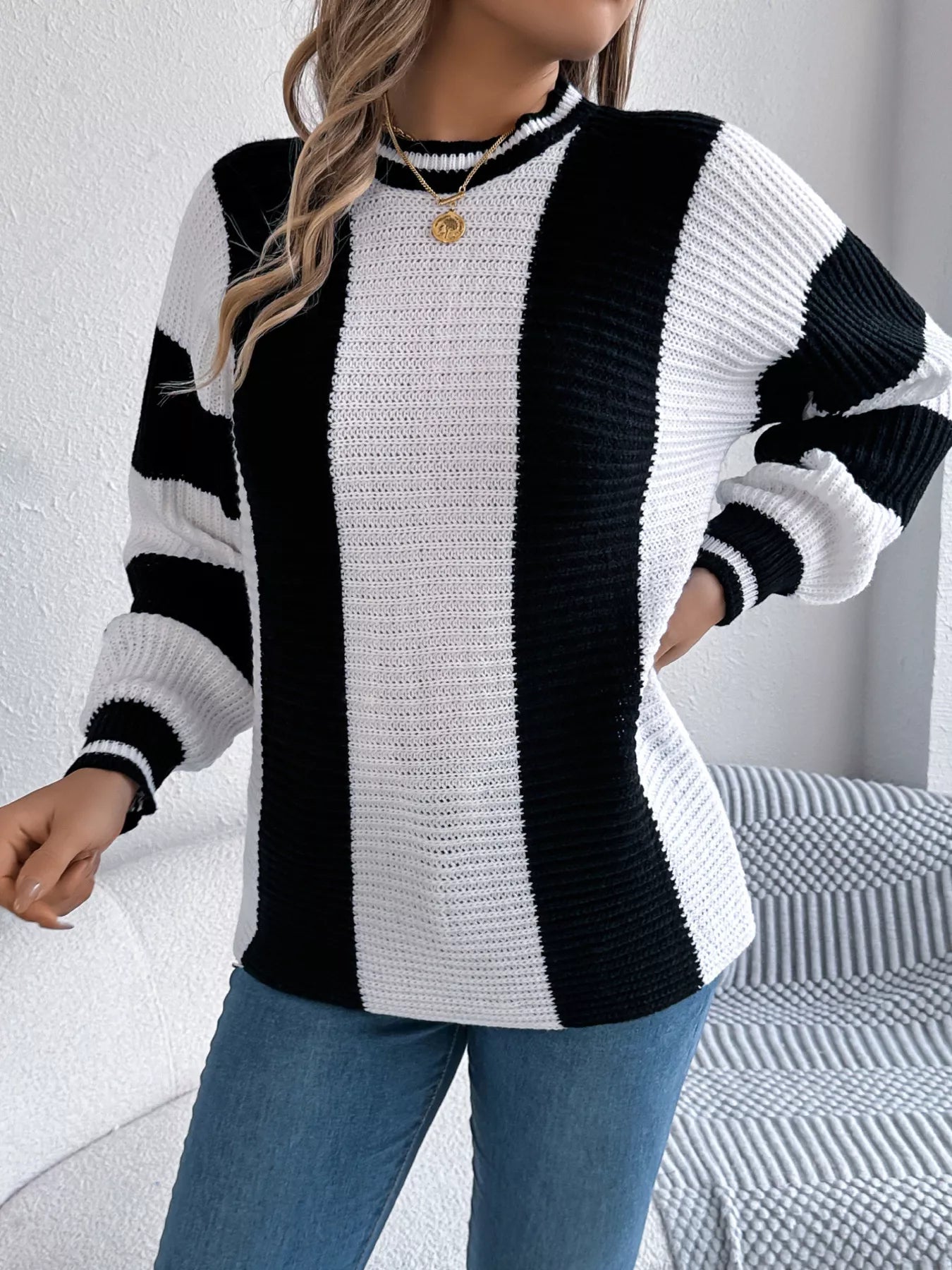 Color Block Round Neck Sweater - Be Bliss Boutique