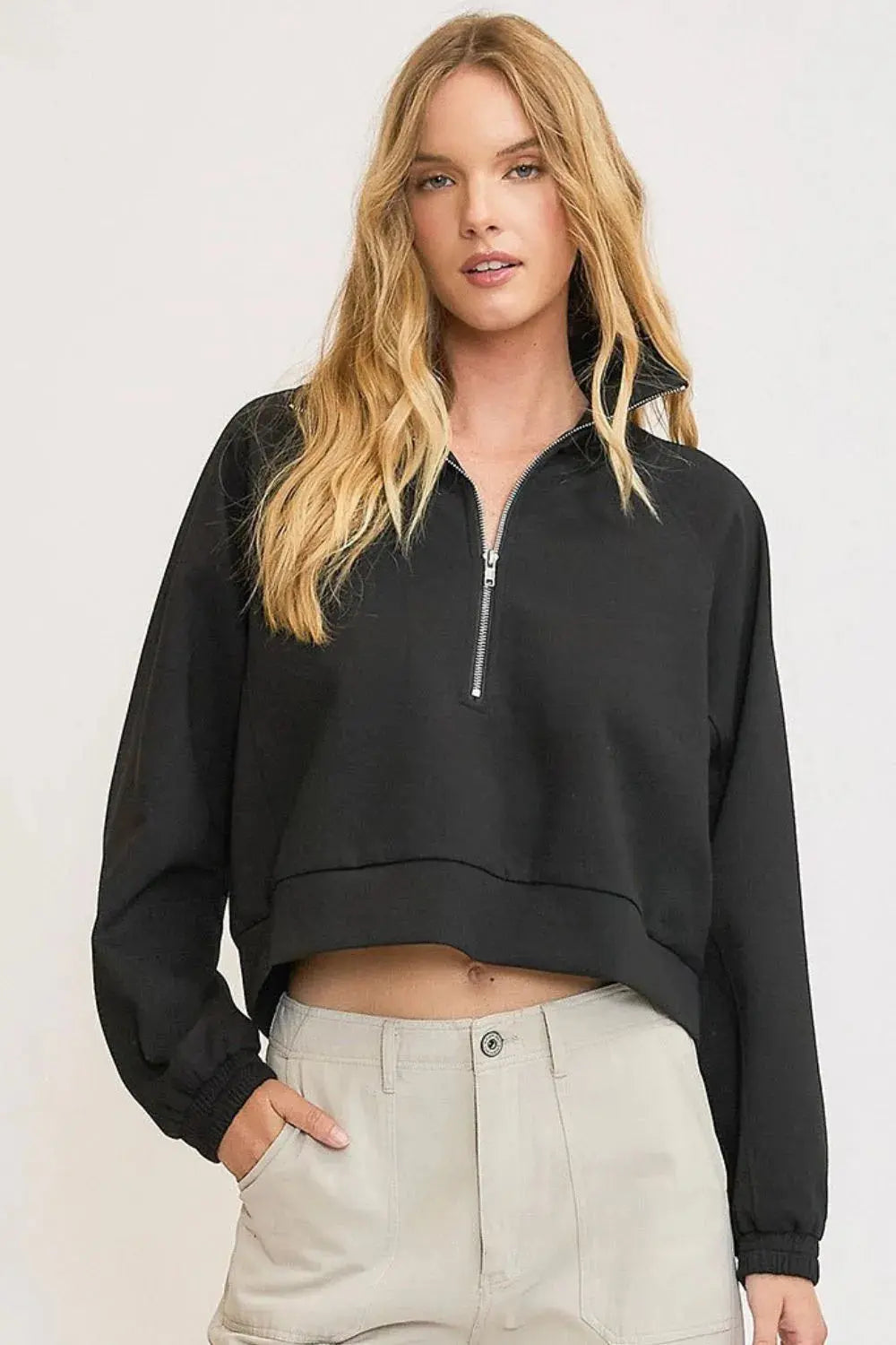 Umgee Full/Plus Size Half Zip Cropped Sweatshirt |  Be Bliss Boutique