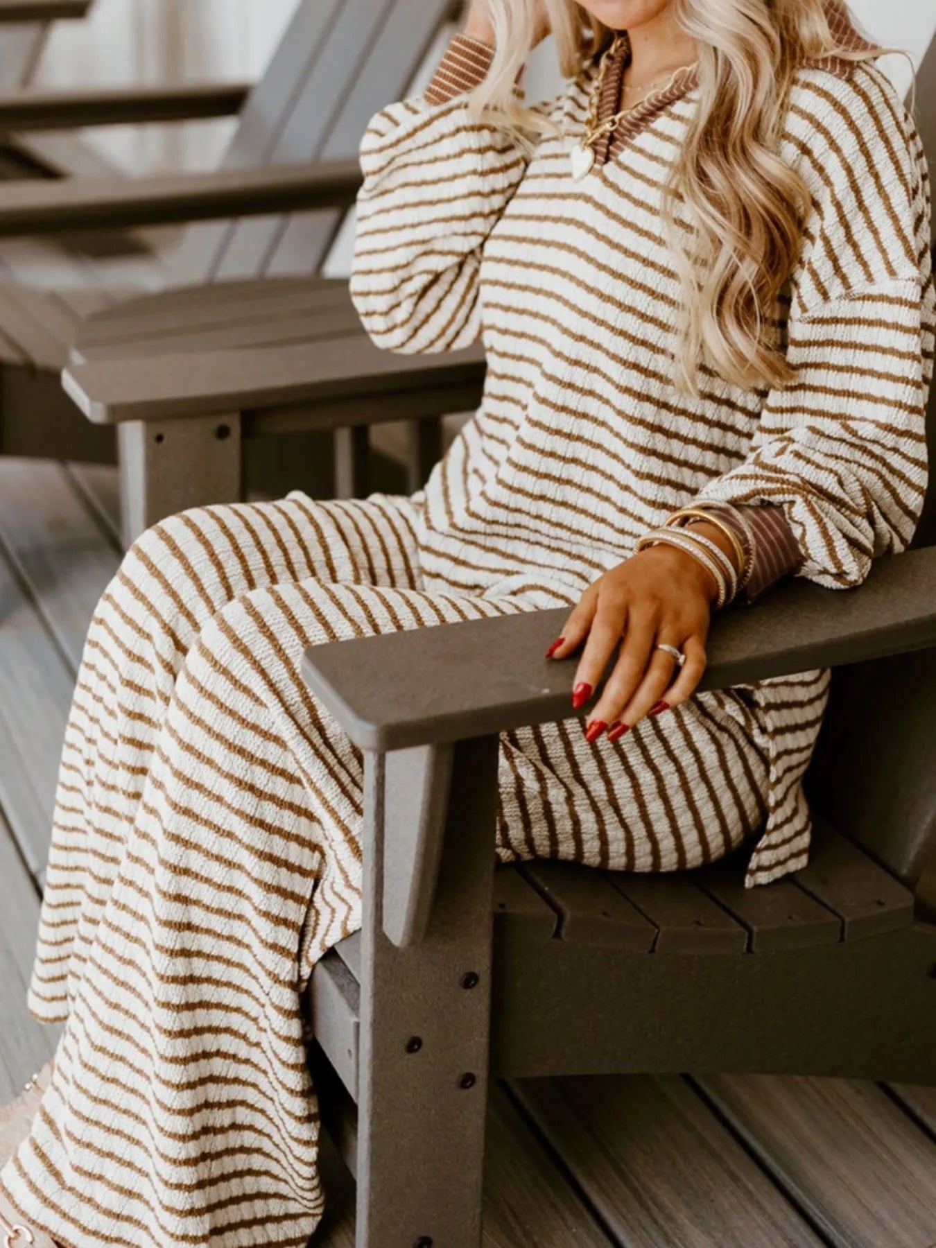 Stripe Collared Top and Drawstring Pant Set - Be Bliss Boutique