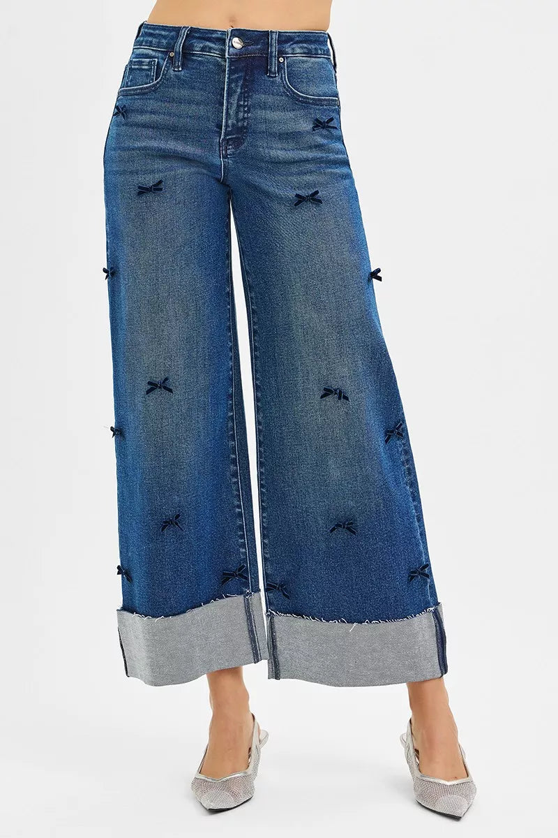 RISEN High Rise Crop Wide Leg Ribbon Detail Jeans - Be Bliss Boutique