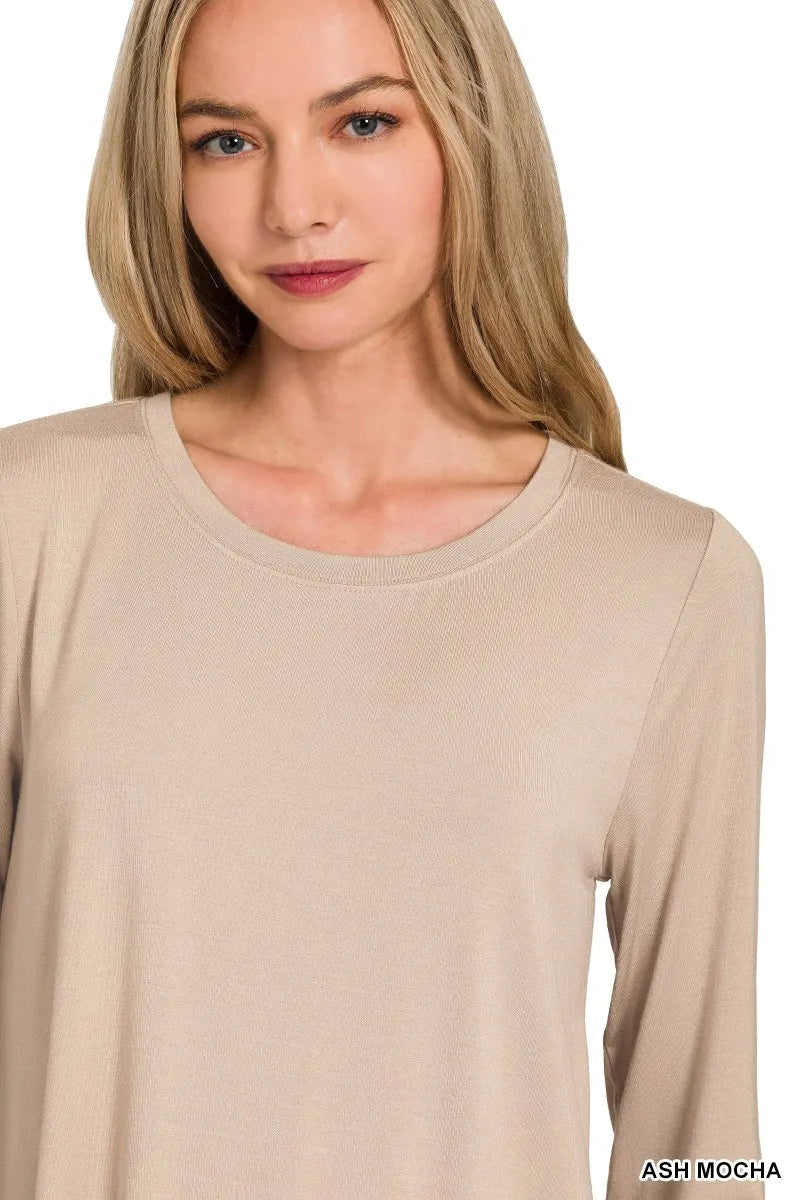 Zenana Flowy Round Hem Rayon Long Sleeve Top -  Be Bliss Boutique