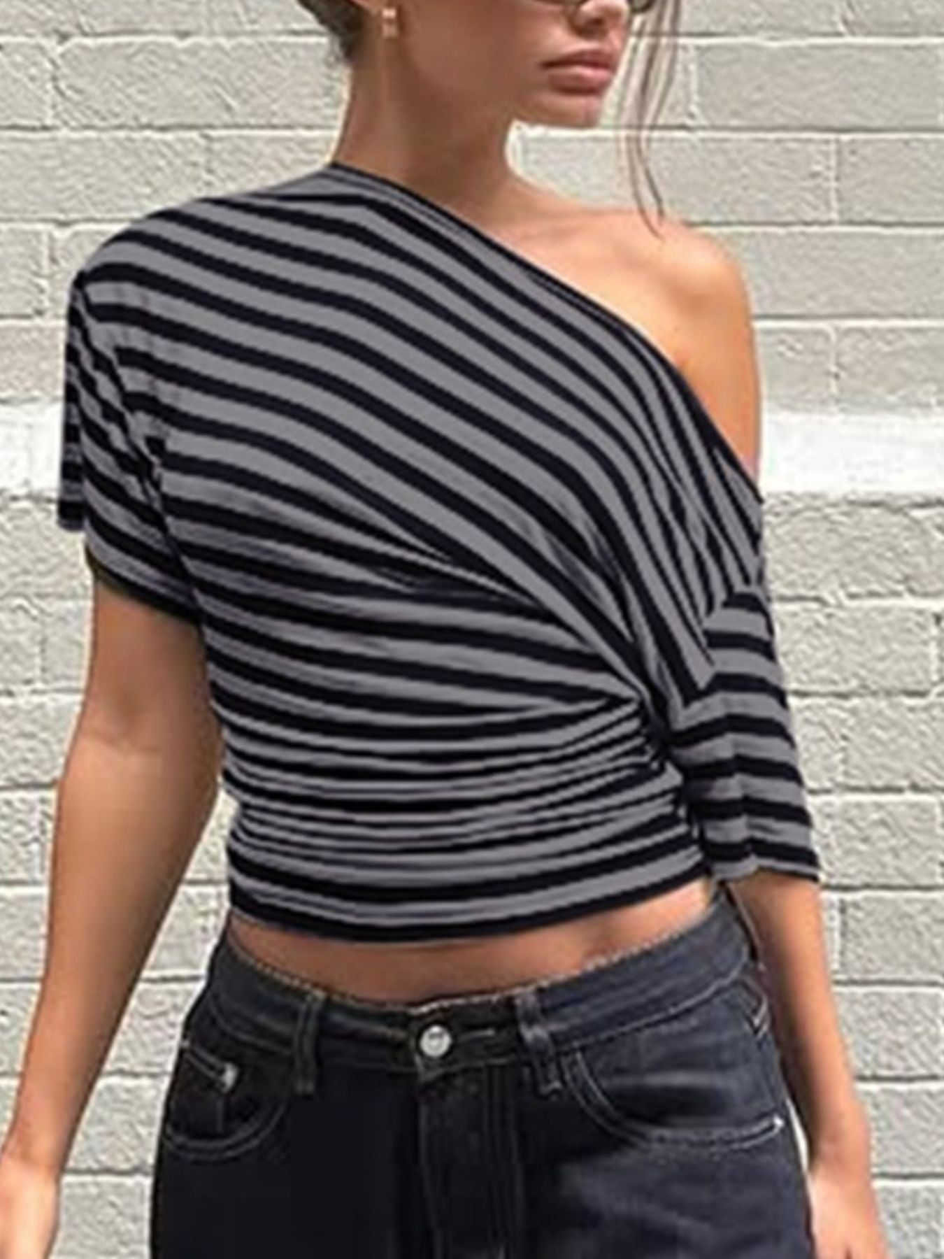 Striped One Shoulder T Shirt - Be Bliss Boutique