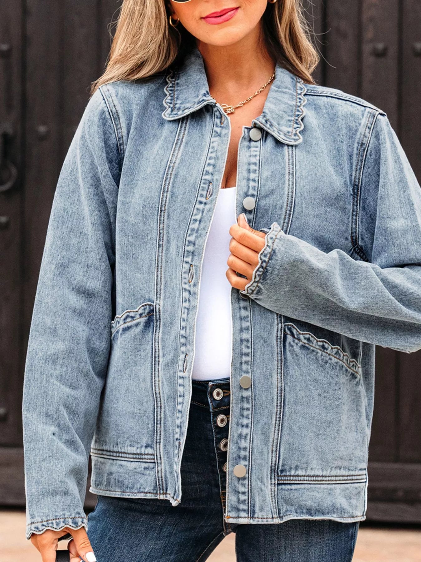 Scallop Trim Collar Patched Pocket Button Up Denim Jacket - Be Bliss Boutique