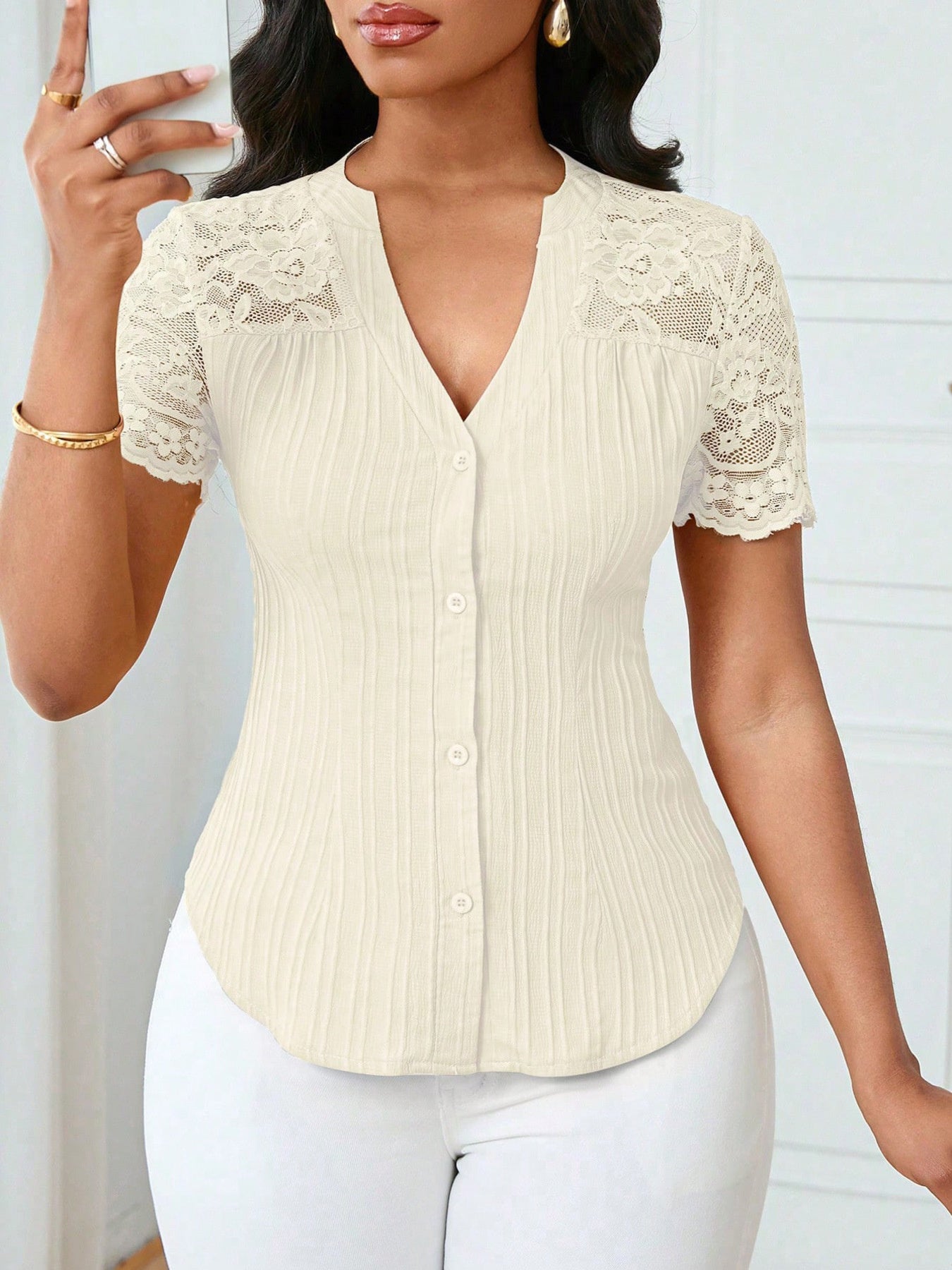Button Up Lace Sleeve Blouse - Be Bliss Boutique