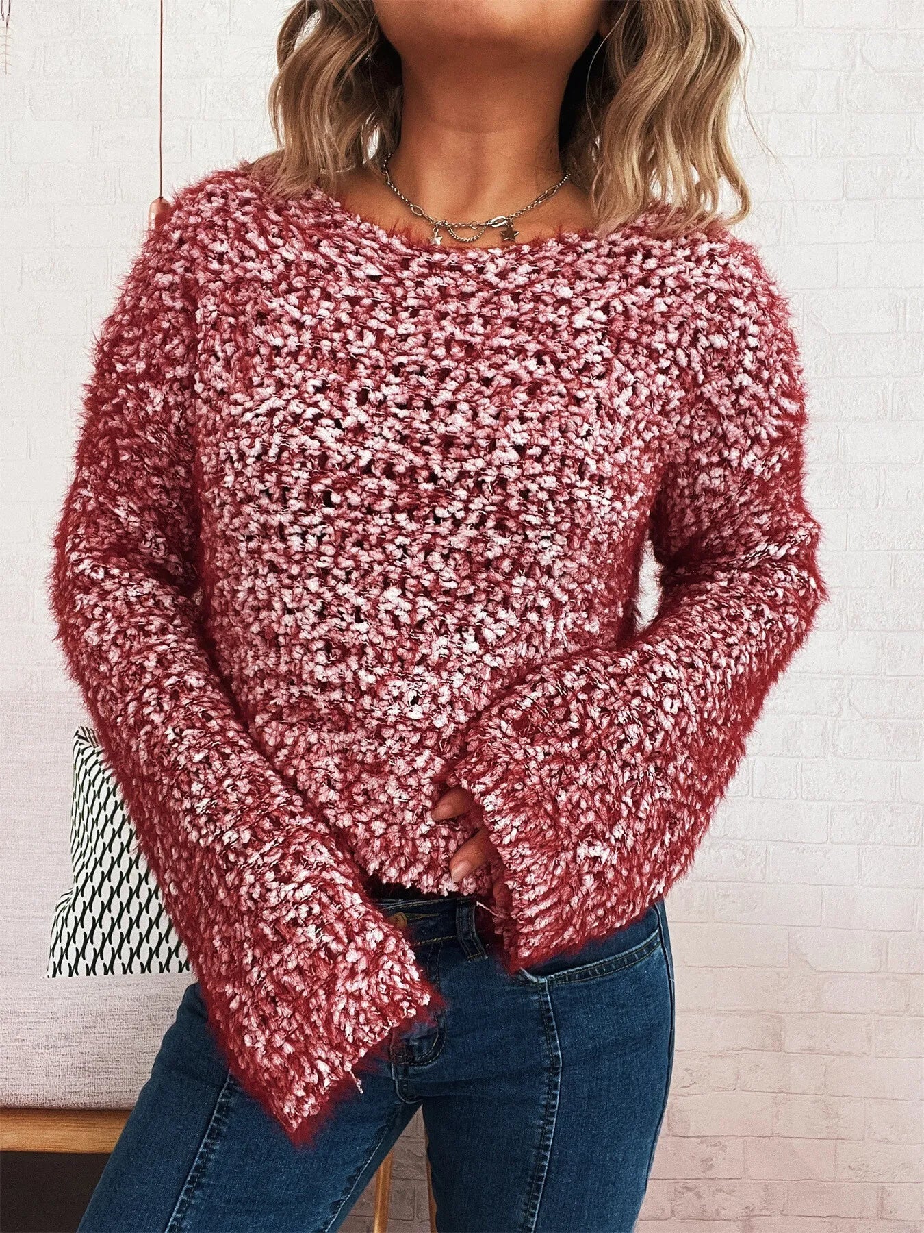 Crochet Dropped Shoulder Round Neck Sweater -  Be Bliss Boutique