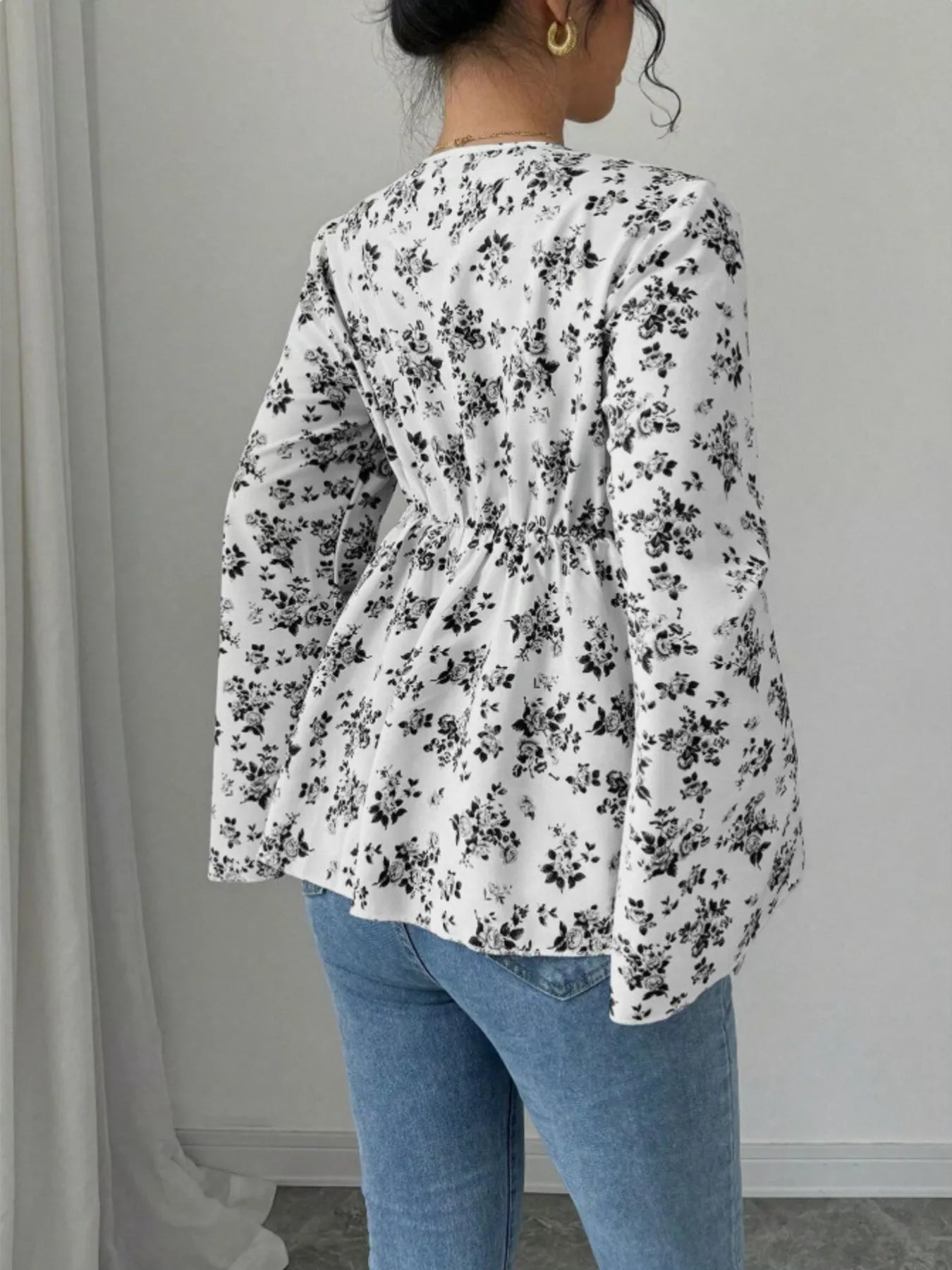 Floral Print V-Neck Long Sleeve Blouse - Be Bliss Boutique