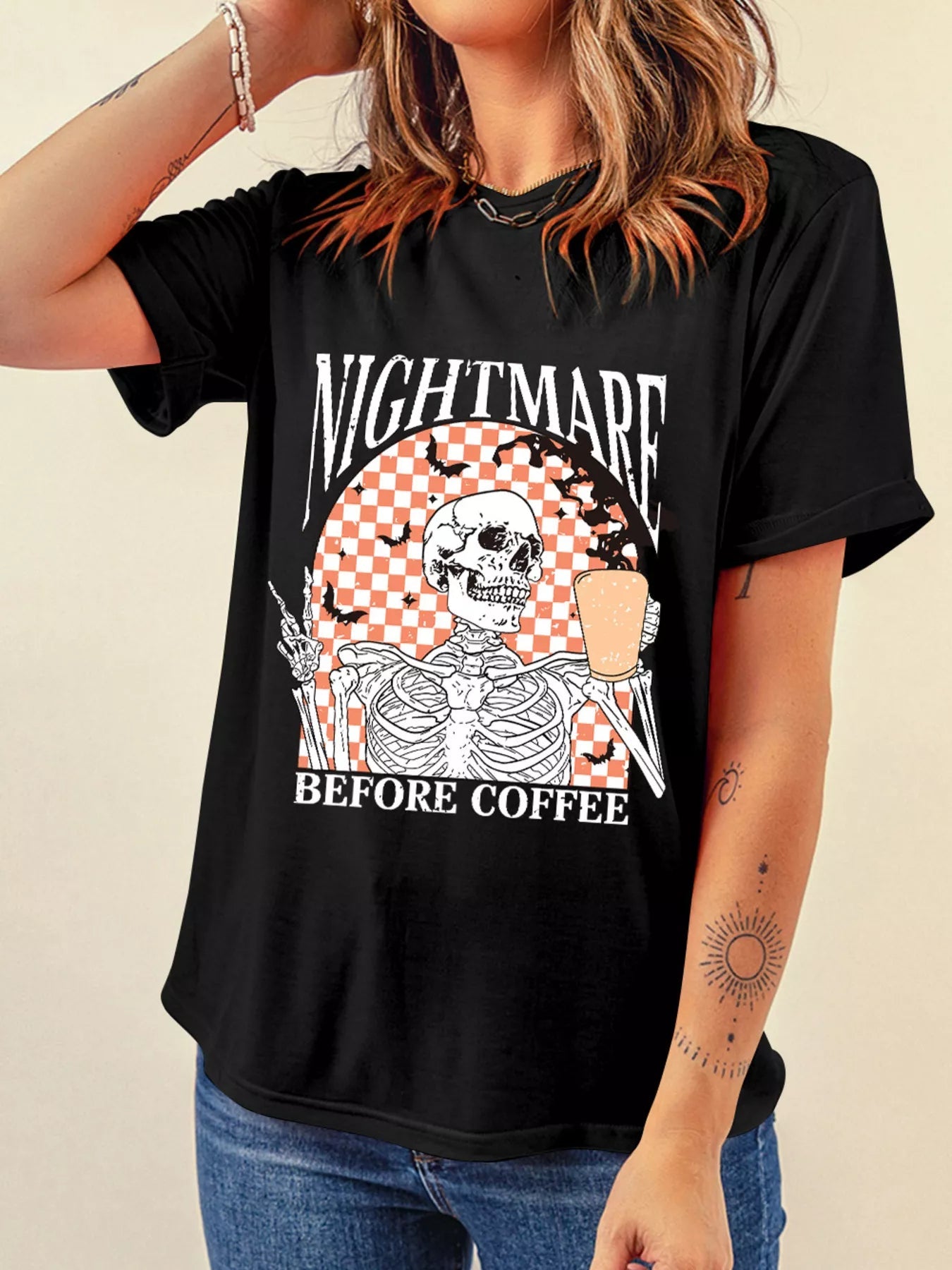 Halloween Skull Checkerboard Graphic Round Neck Tee -  Be Bliss Boutique