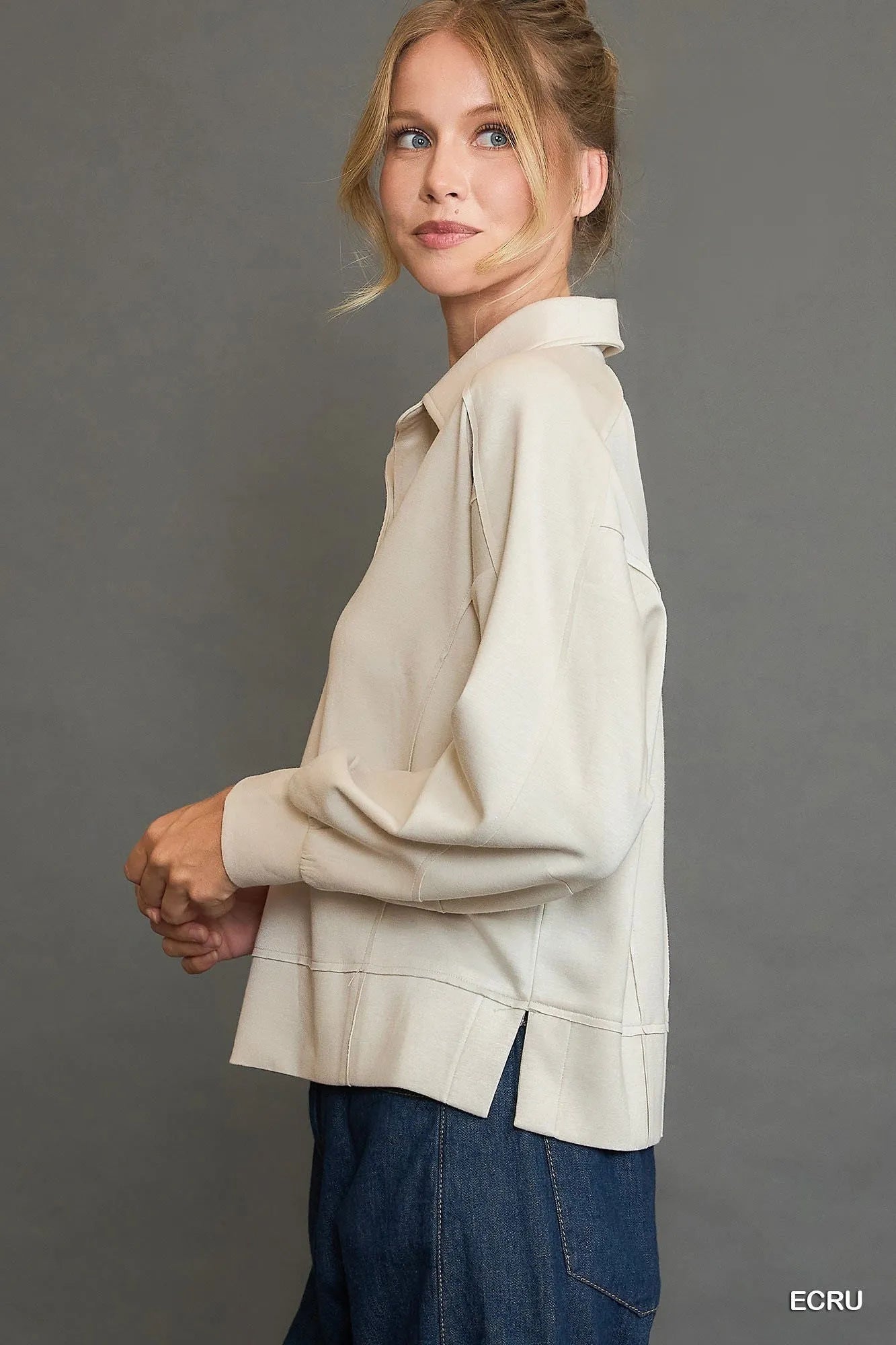 Umgee Collared Neck Long Sleeve Top with Raw Hem Detail -  Be Bliss Boutique