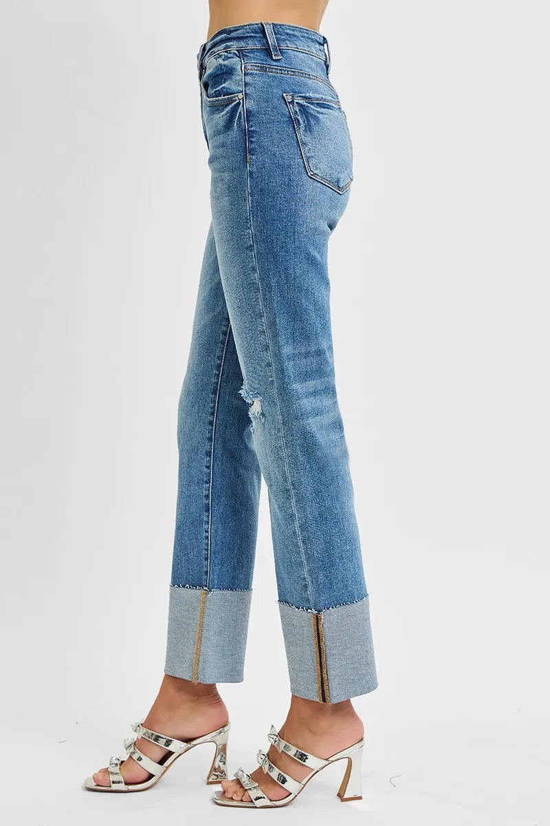 RISEN Full Size High Rise Ankle Straight Wide Cuffed Jeans Plus Size -  Be Bliss Boutique