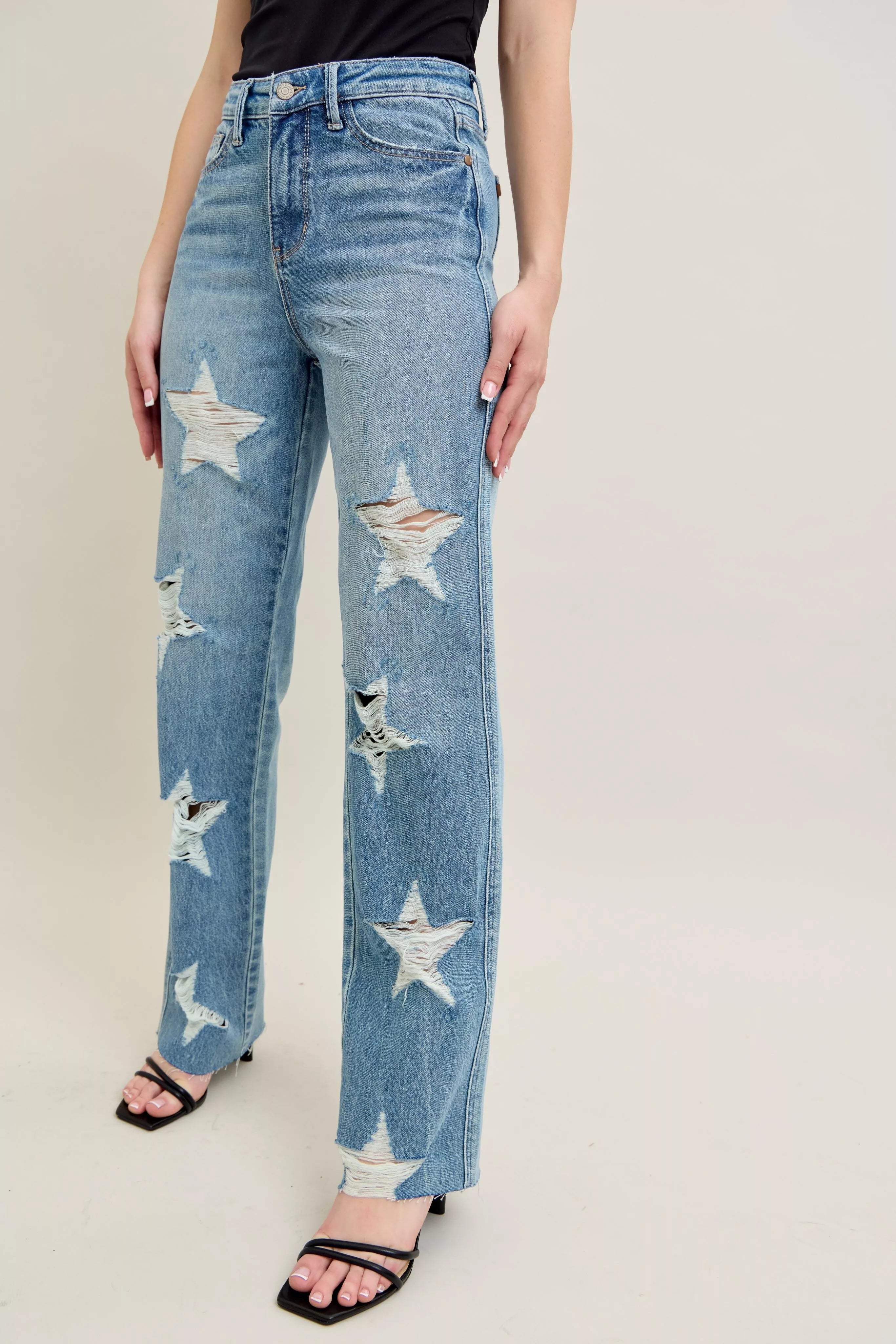 Judy Blue Full Size High Waist  Rigid Magic Star Shaped Destroy 90's Straight Jeans Plus Size - Be Bliss Boutique