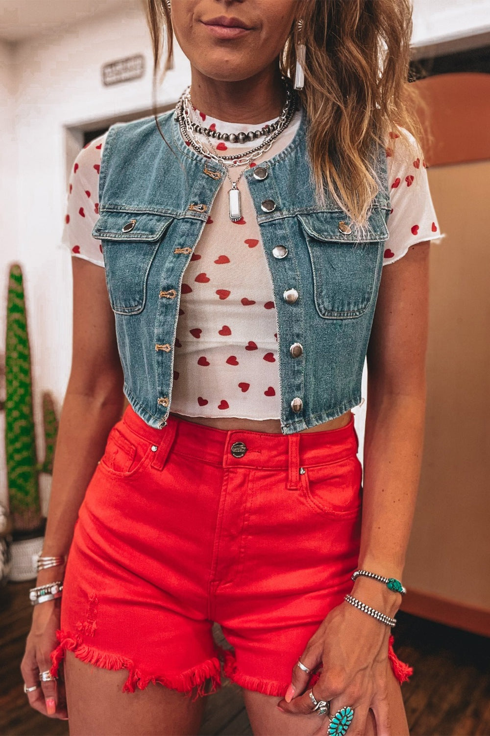 Women's Sheer Heart Print Fitted Mesh Blouse - Be Bliss Boutique