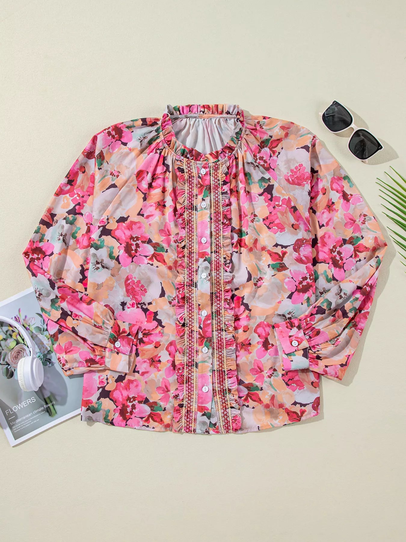 Floral Print Ruffle Trim Long Sleeve Shirt - Be Bliss Boutique