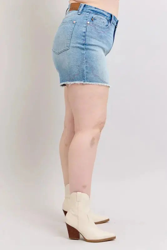 Judy Blue Full Size/Plus Size High Waist Western Embroidery Detail Cut Off Denim Shorts | Be Bliss Boutique
