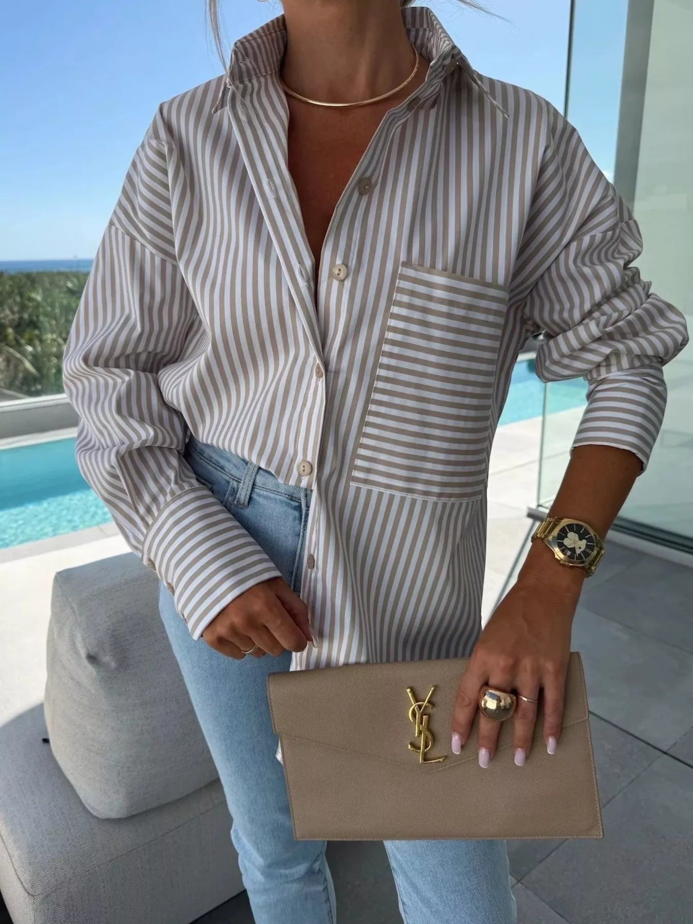 Striped Oversized Button-Down Shirt -  Be Bliss Boutique