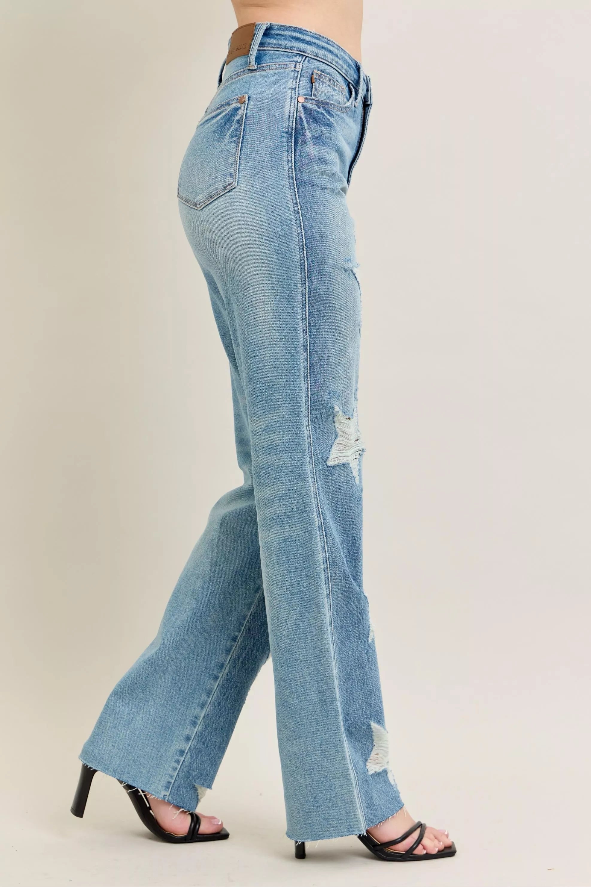 Judy Blue Full Size High Waist  Rigid Magic Star Shaped Destroy 90's Straight Jeans Plus Size - Be Bliss Boutique