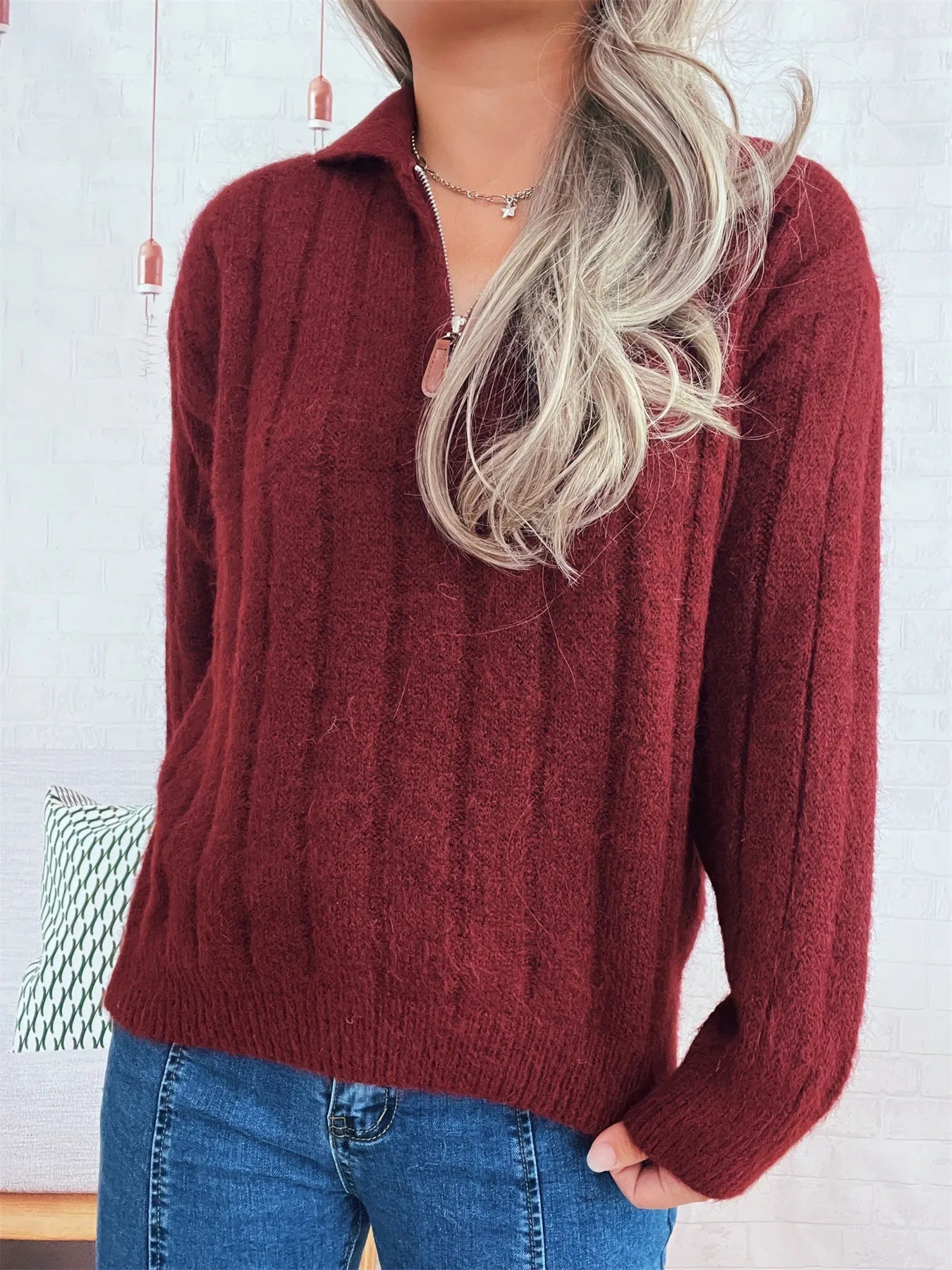 Ribbed Hem Quarter Zip Sweater -  Be Bliss Boutique