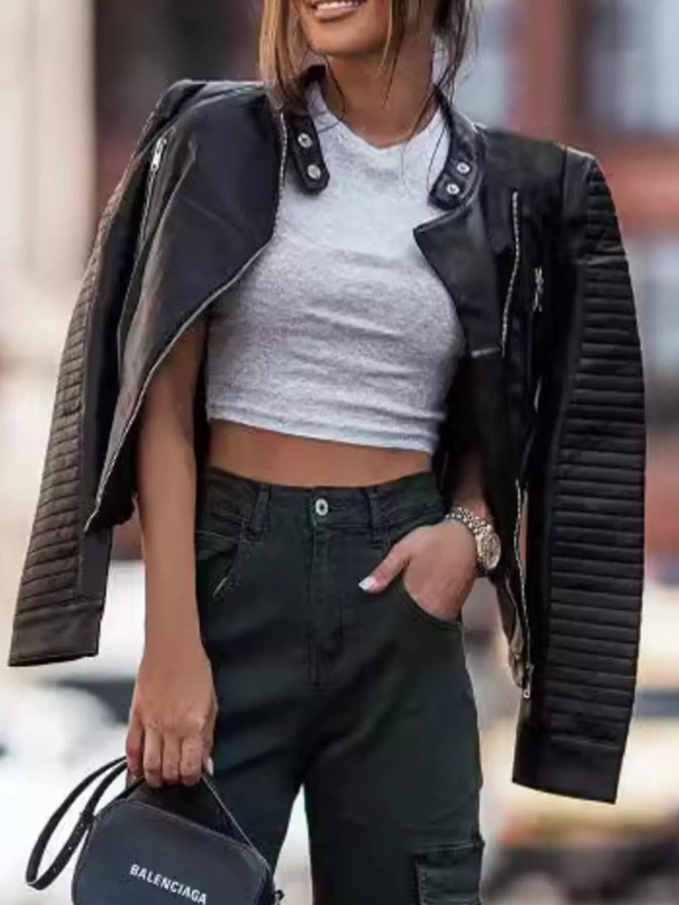 Quilted Sleeve Leather Moto Jacket -  Be Bliss Boutique