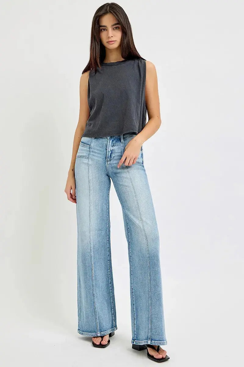 RISEN Full Size/Plus Size  Mid Rise Wide Jeans with Front Patch Pocket | Be Bliss Boutique