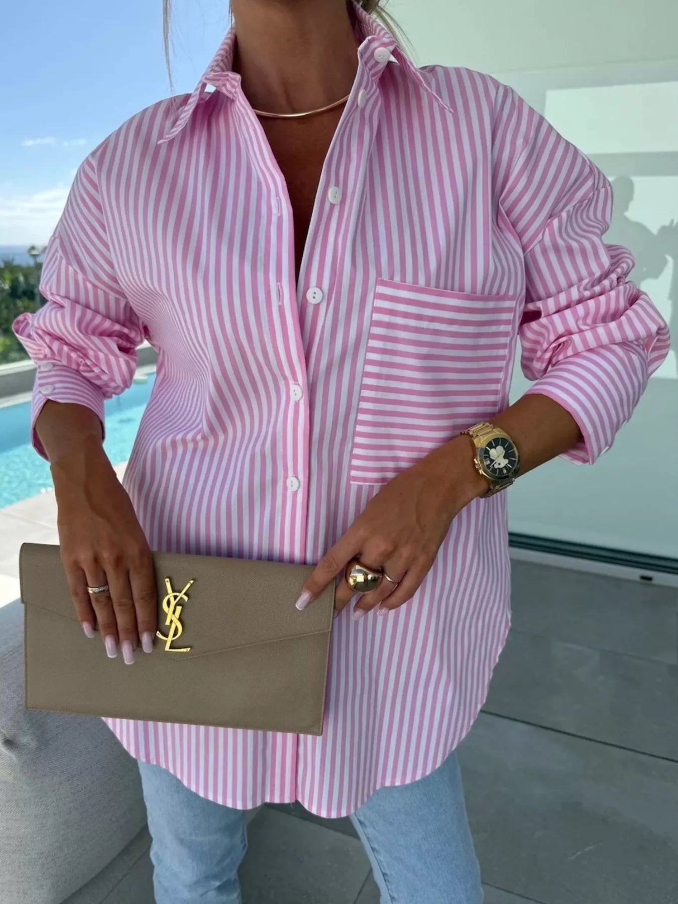 Striped Oversized Button-Down Shirt -  Be Bliss Boutique