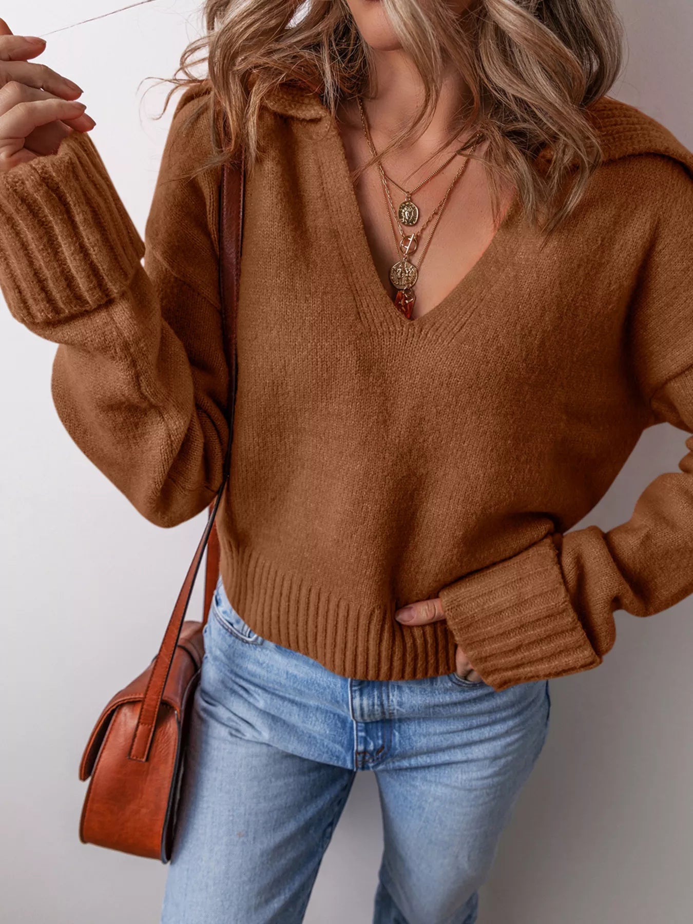 Collared V Neck Ribbed Edge Sweater -  Be Bliss Boutique