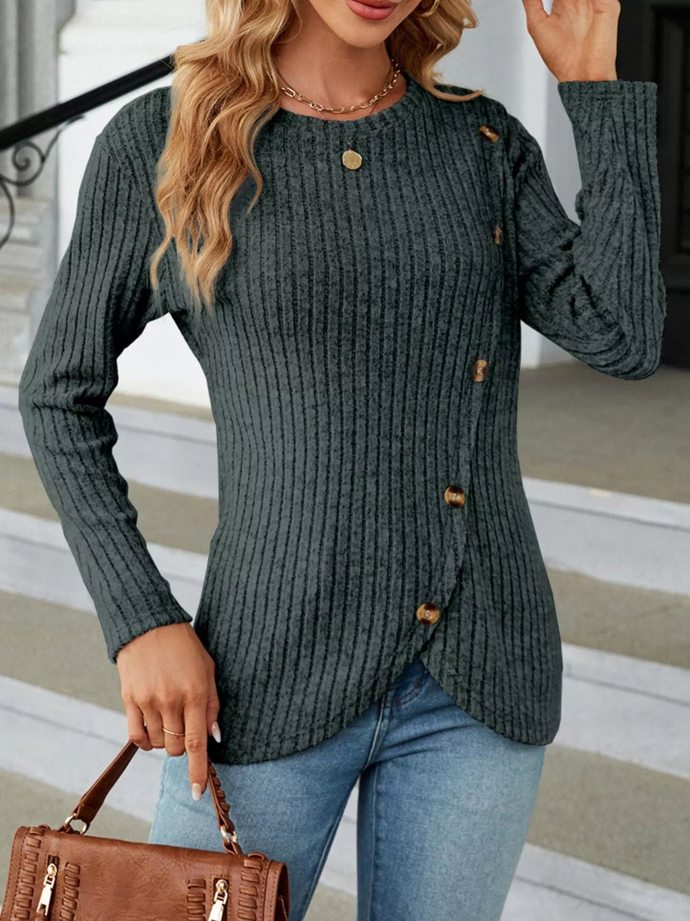 Ribbed Knit Decor Button T-Shirt -  Be Bliss Boutique